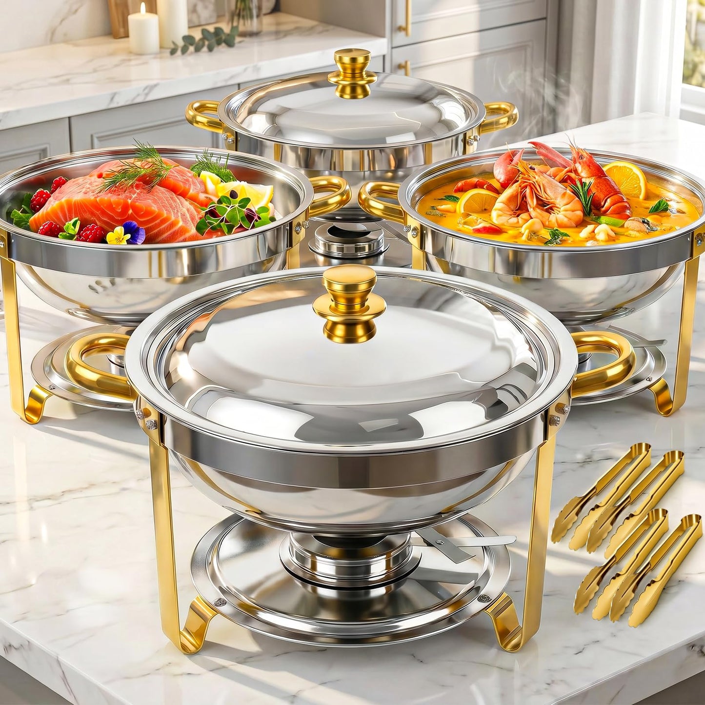POWERFUEL Chafing Dishes for Buffet, 4 Pack 6QT Round Stainless Steel Chafers Sets with 4 Serving Tongs, Rolled-Edge Food Warmers for Parties, Catering, Weddings, Events Dinners