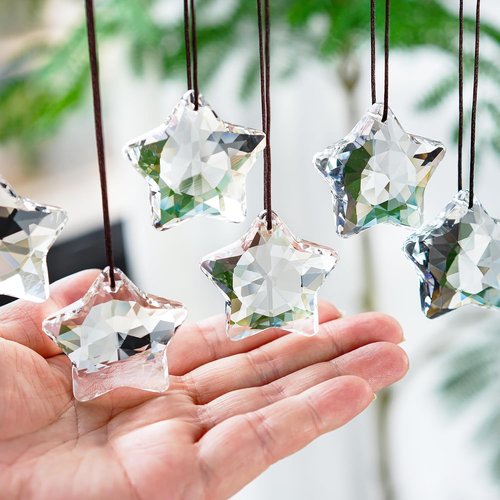 H&D Hyaline & Dora Crystal Glass Christmas Ornaments - Set of 6 Clear Faceted Stars for Holiday Decor