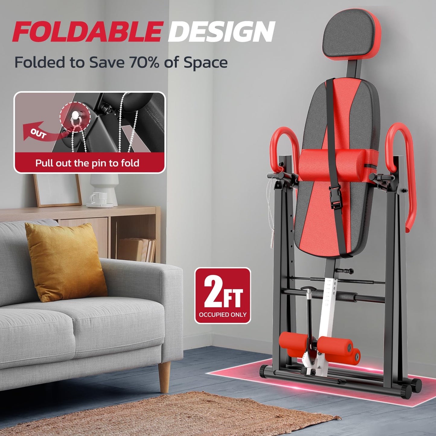 YOLEO Gravity Heavy Duty Inversion Table with Headrest & Adjustable Protective Belt Back Stretcher Machine for Pain Relief Therapy (Red02)