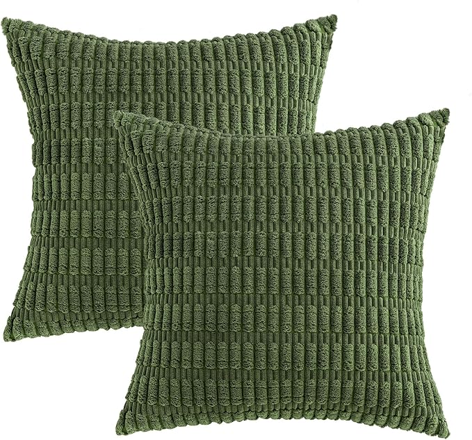 MIULEE Pack of 2 Spring Corduroy Decorative Throw Pillow Covers 18x18 Inch Soft Boho Striped Pillow Covers Modern Farmhouse Home Decor for Summer Sofa Living Room Couch Bed Moss Green