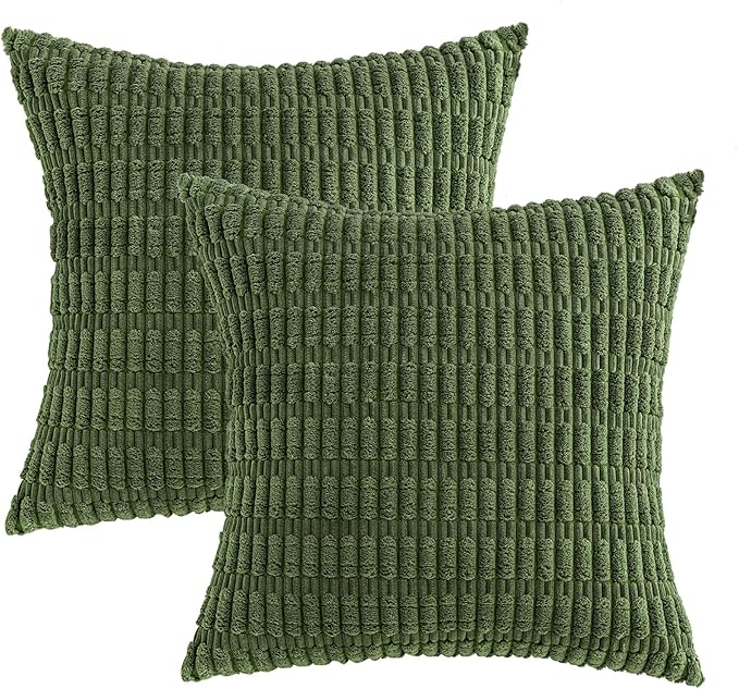 MIULEE Pack of 2 Spring Corduroy Decorative Throw Pillow Covers 16x16 Inch Soft Boho Striped Pillow Covers Modern Farmhouse Home Decor for Summer Sofa Living Room Couch Bed Moss Green
