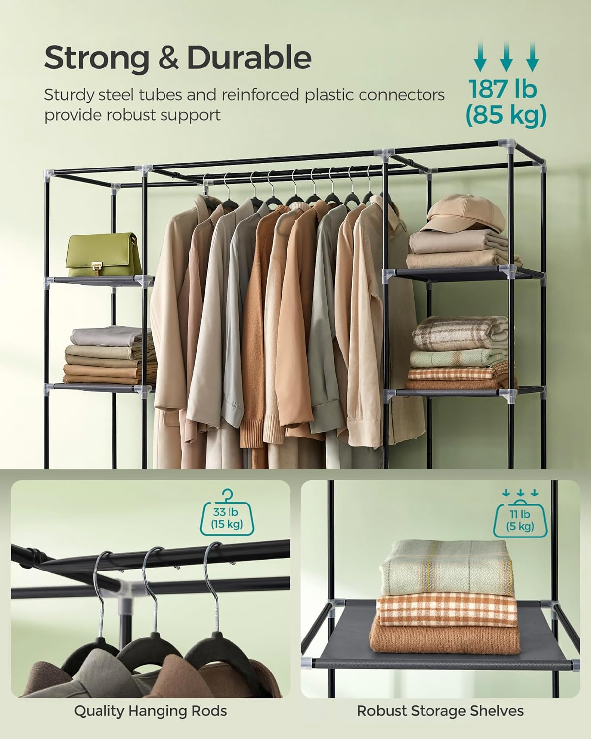 SONGMICS Portable Closet Wardrobe - Non-Woven Fabric Cover Clothes Organizer, 59 x 17.7 x 69 Inches, Gray