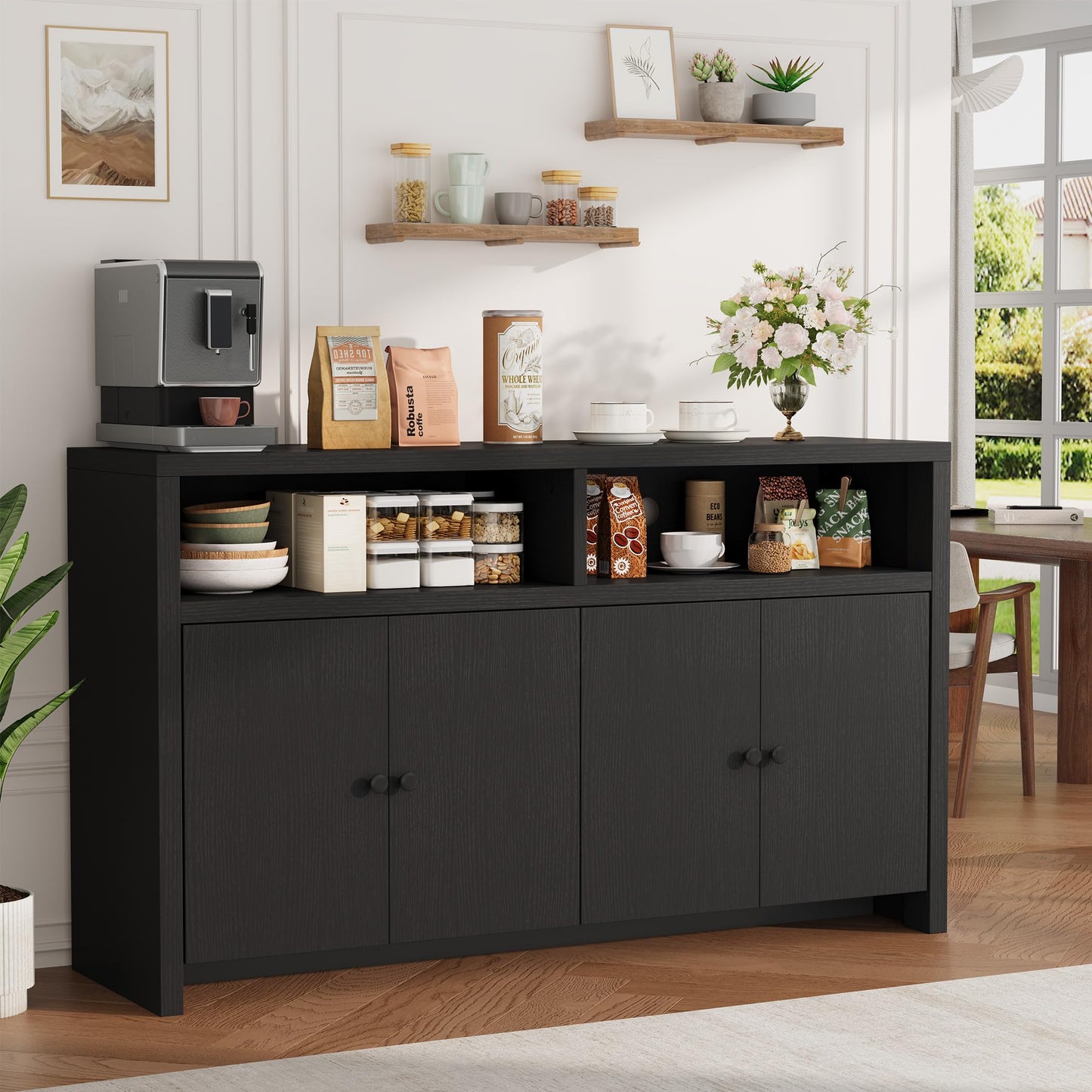 Garvee Buffet Sideboard with Storage, 4 Doors & Adjustable Shelves, 55'' Large Farmhouse Kitchen Storage Cabinet Wood Coffee Bar Cabinet for Kitchen, Dining Room, Entryway, Living Room, Black