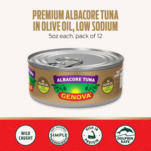 Genova Premium Albacore Tuna - Wild Caught Solid White in Olive Oil | Low Sodium, 5 Oz Cans (Pack of 12)