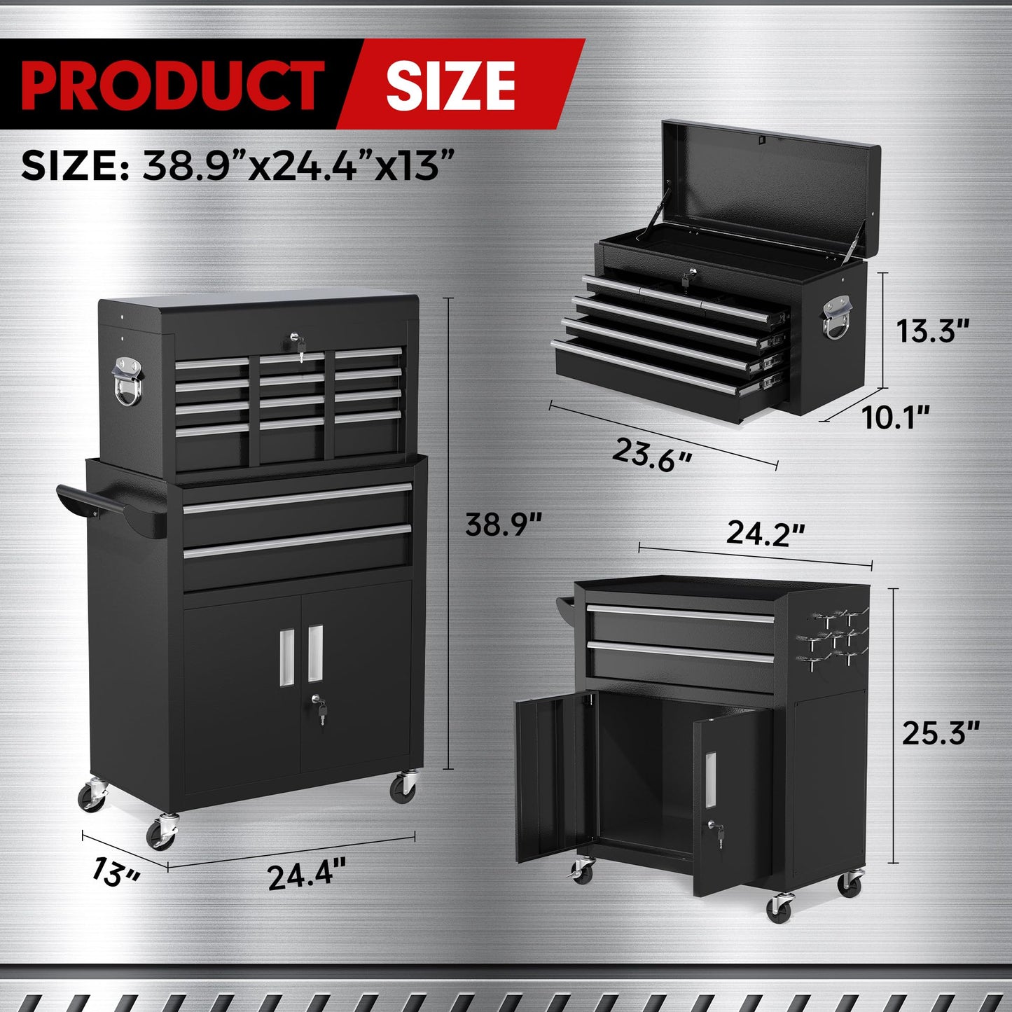 INTERGREAT 8-Drawers Rolling Tool Chest, Assembled Tool Chest with Wheels, Detachable Top Tool Box, Tool Cabinet for Repair Room,Warehouse, Rolling Tool Box with Hooks,Tray Divider,Liners(Black)