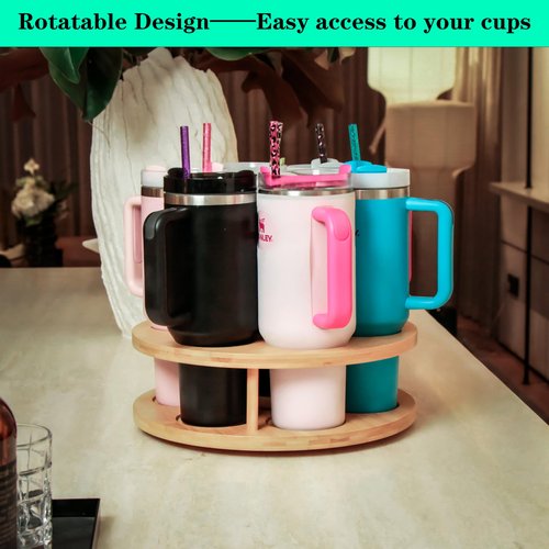 Ami.Todfo 7 Slots Water Bottle Organizer for Stanley Cup Tumbler Accessories Owala Bottle Holder Rotatable Drying Rack Storage for Kitchen Cabinet Countertop Pantry Organizers for Gift, Natural Wood