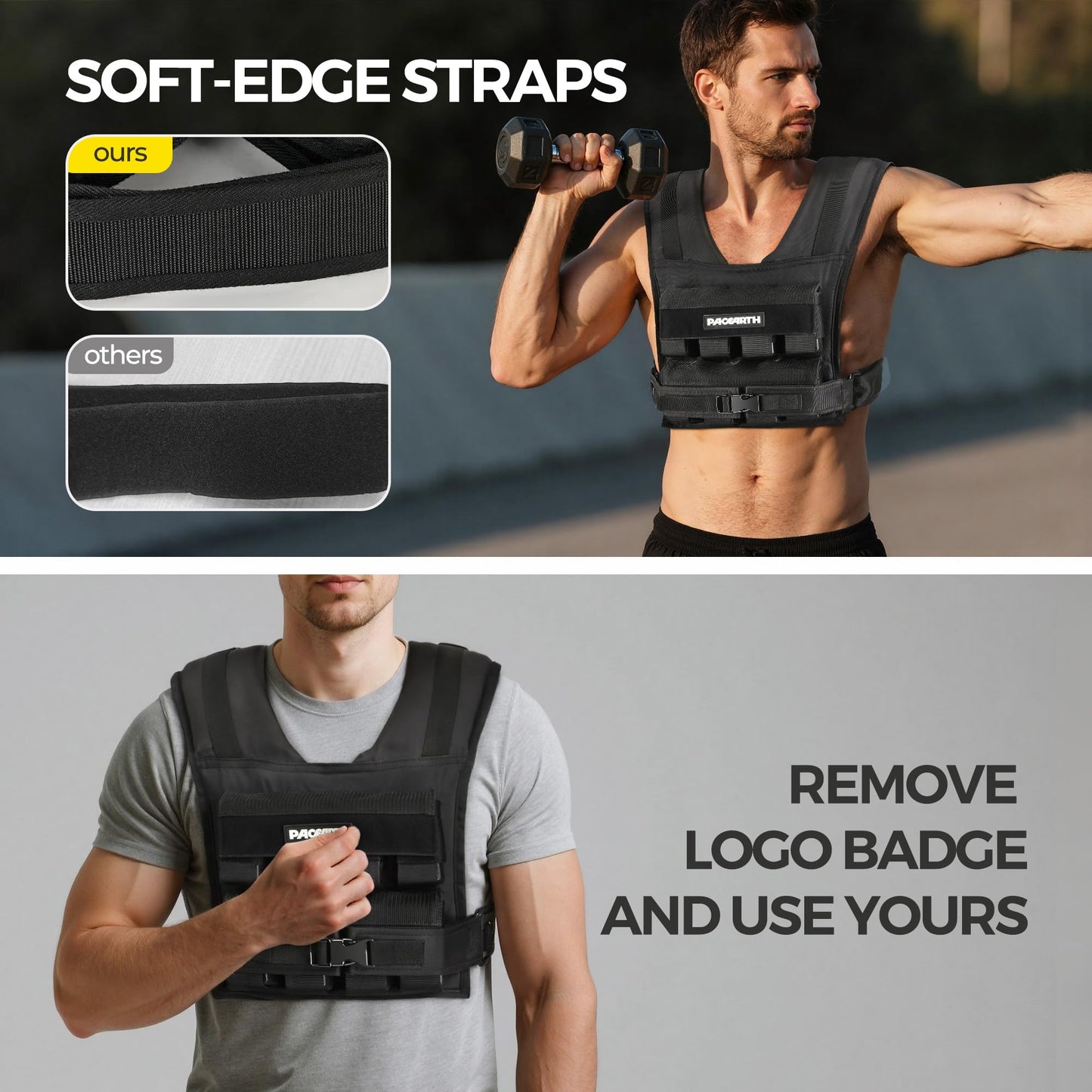 PACEARTH Adjustable Weighted Vest for Men, PACEARTH Heavy Duty Weight Vest with 20 Adjustable Iron Blocks for Hardcore Strength Training, Crossfit, and Running, Black, 44LBS