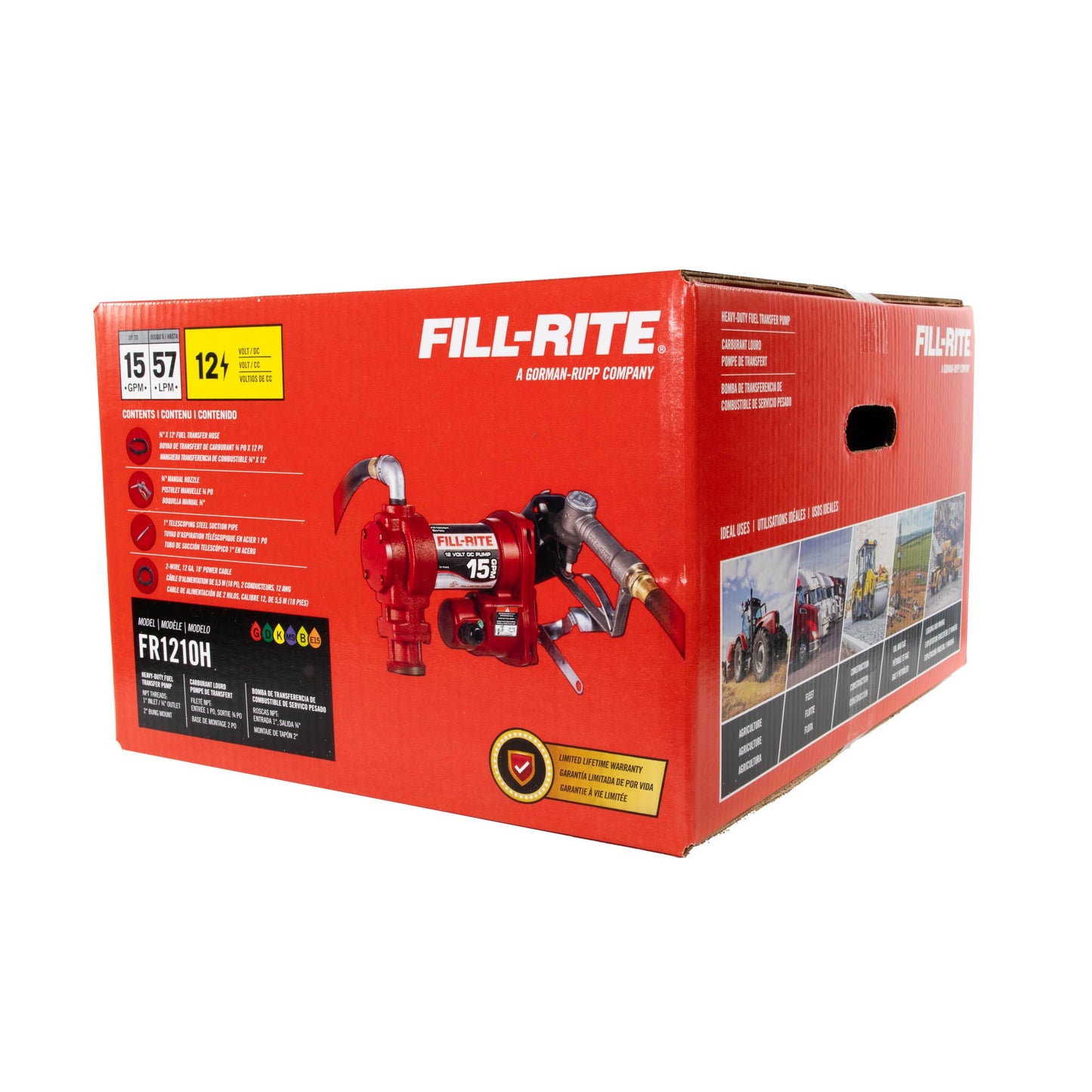 Fill-Rite FR1210H 12V 15 GPM Fuel Transfer Pump with Discharge Hose & Manual Nozzle | Gasoline, Diesel, Kerosene, Ethanol & Methanol Blends & Biodiesel