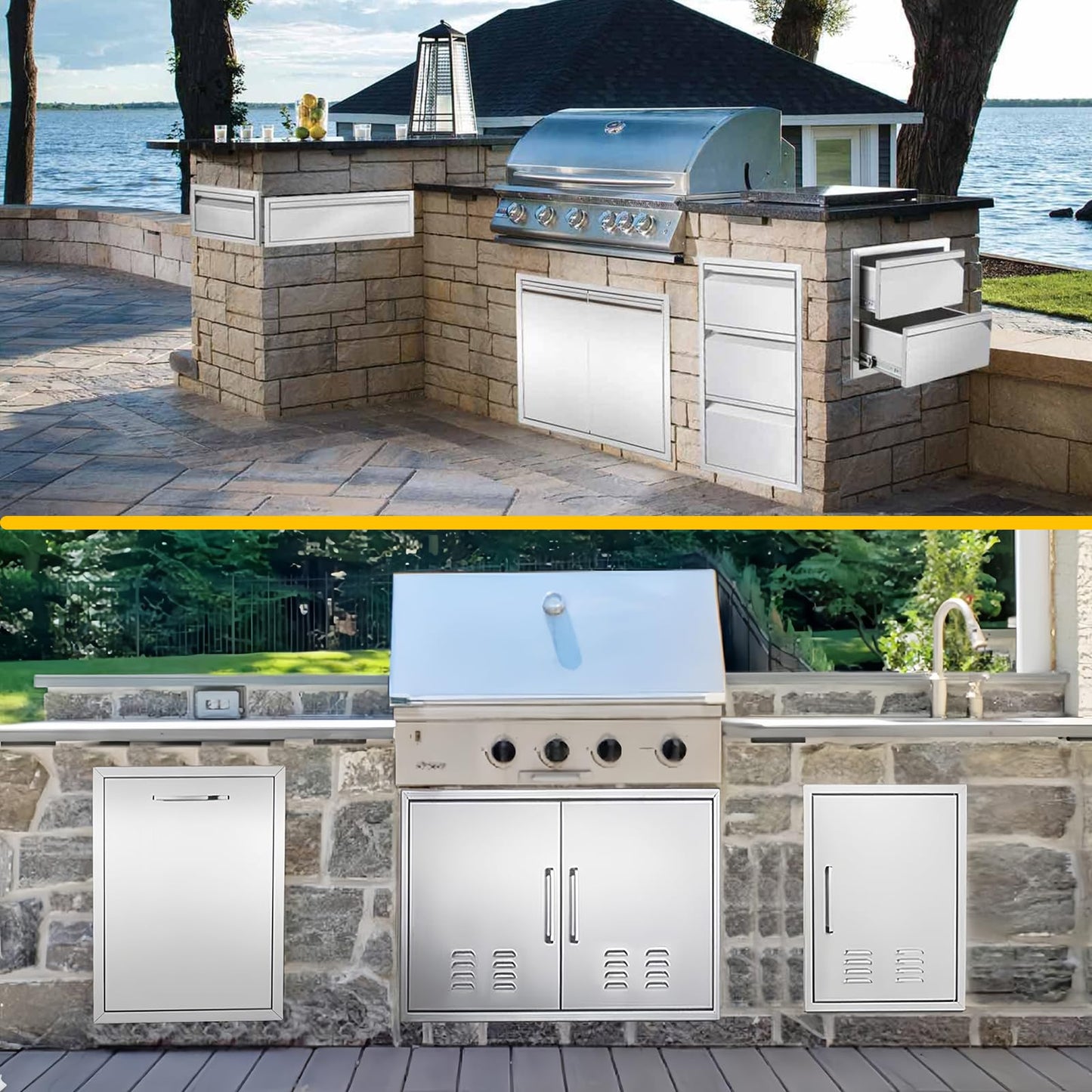 Outdoor Kitchen Drawers 14" W x 21" H x 23" D Triple BBQ Drawers Stainless Steel Built-in Drawer for Patio Grill Station or Outdoor Kitchen Island