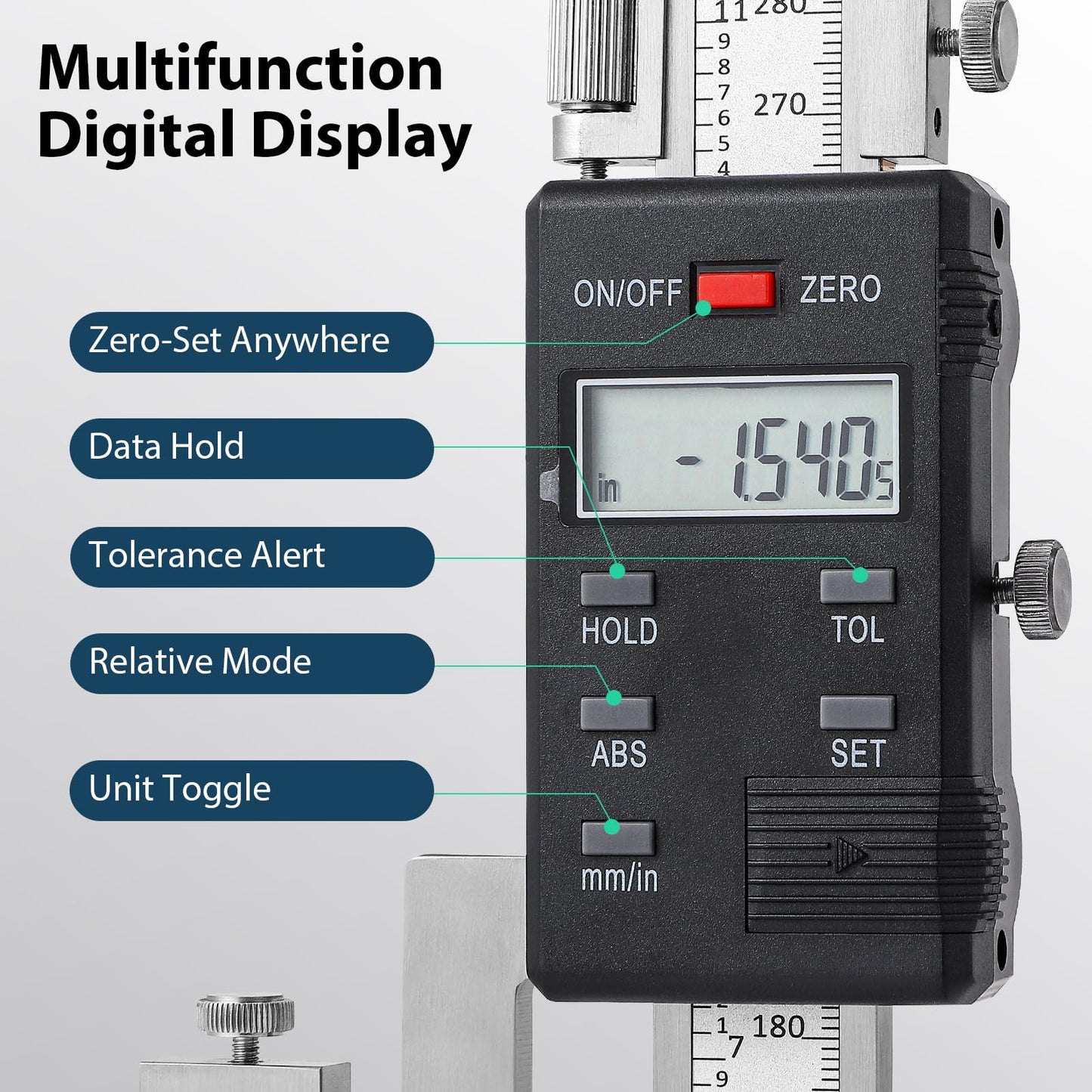 Mxmoonfree 12" (300mm) Digital Height Gauge, 0.0005" Resolution, Heavy-Duty Cast Iron Base with Micro-Adjustment, ABS/INC Modes, Includes Carrying Case & Batteries