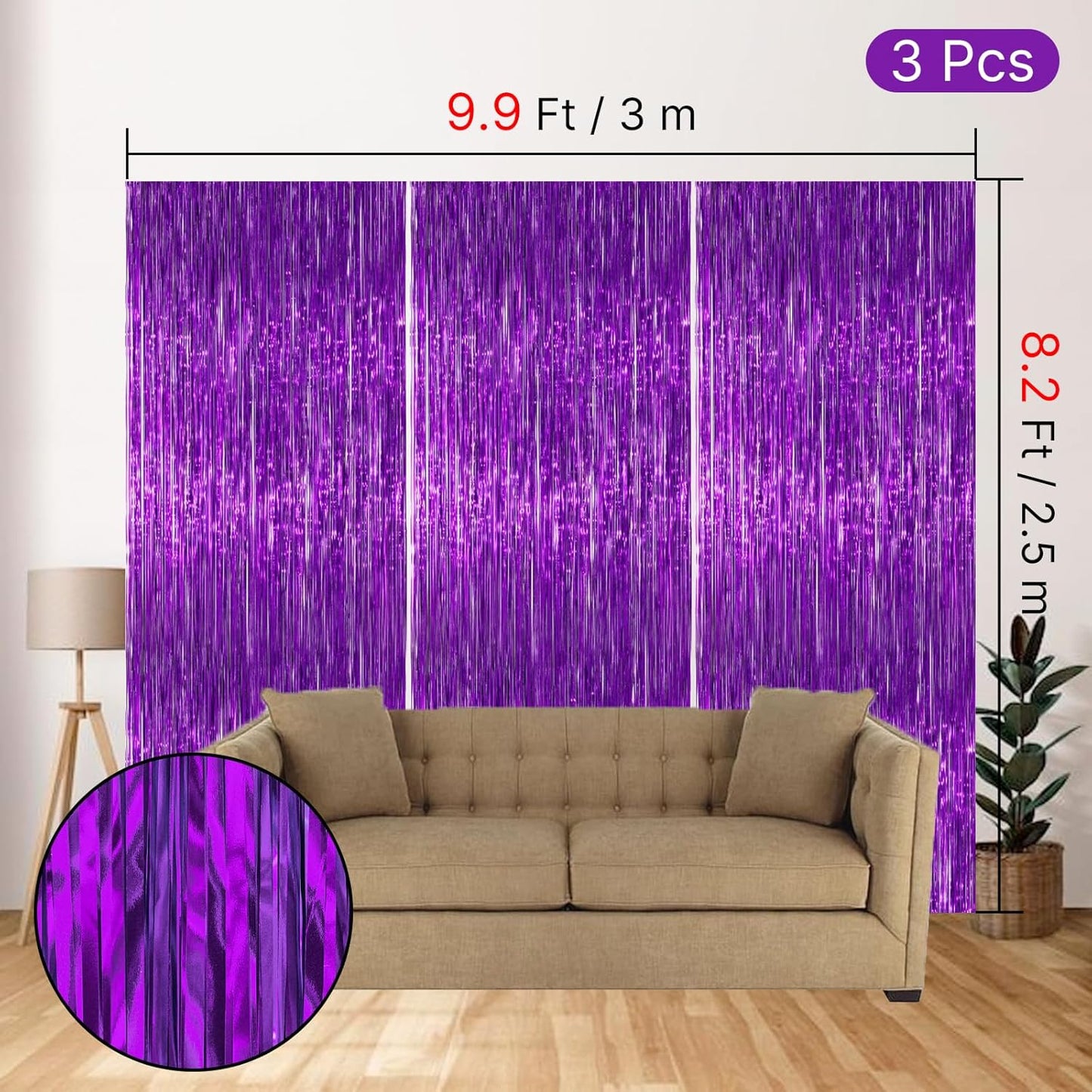 PartyWoo Foil Fringe Curtain - 3pcs 8.2ft Metallic Tinsel Lavender Streamers for Parties & Events