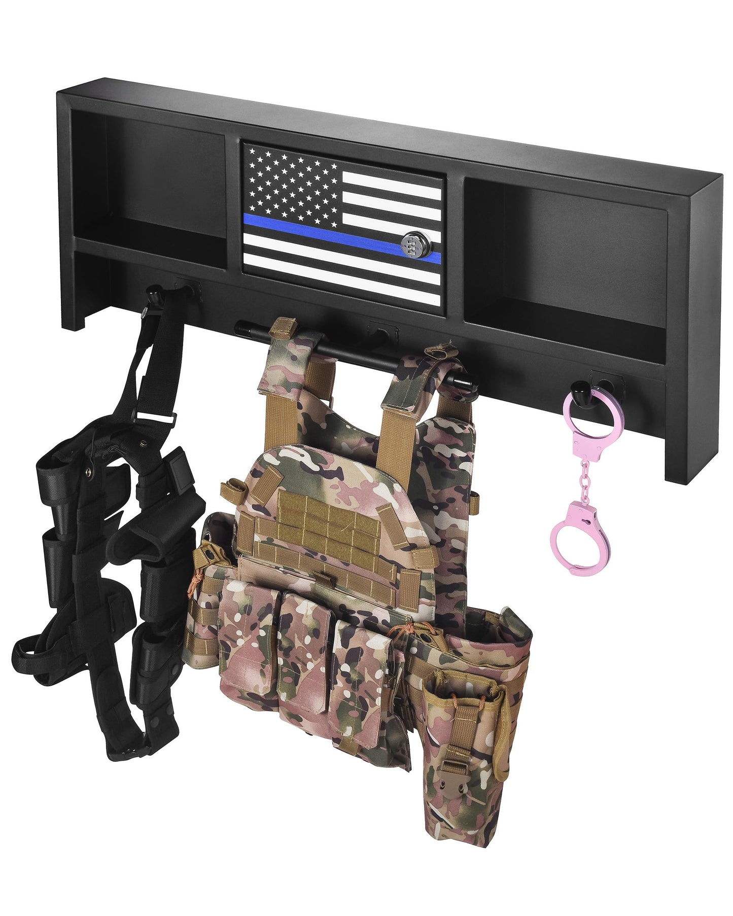 AUFUNIU Police Gear Organizer Rack - Heavy Duty Metal Tactical Equipment Storage Stand with Lock, Wall Mount Hooks for Body Armor Vest, Duty Belt & Helmet (Law Enforcement/Military)
