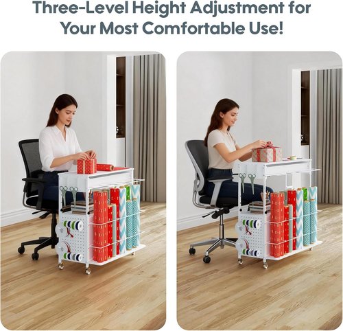 Height-Adjustable Gift Wrapping Station by [Brand Name] - Rolling Cart with Paper Clamp & Ribbon Storage | White