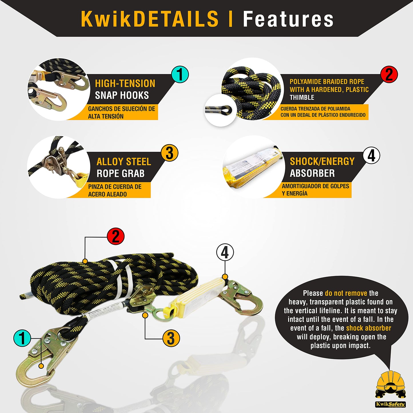 KwikSafety - Charlotte, NC - TSUNAMI [Premium BRAIDED ROPE] Vertical Lifeline ANSI OSHA Rope Grab Snap Hook Shock Absorber Fall Protection Line Kit Restraint System Roofing Safety Equipment / 150 FT.