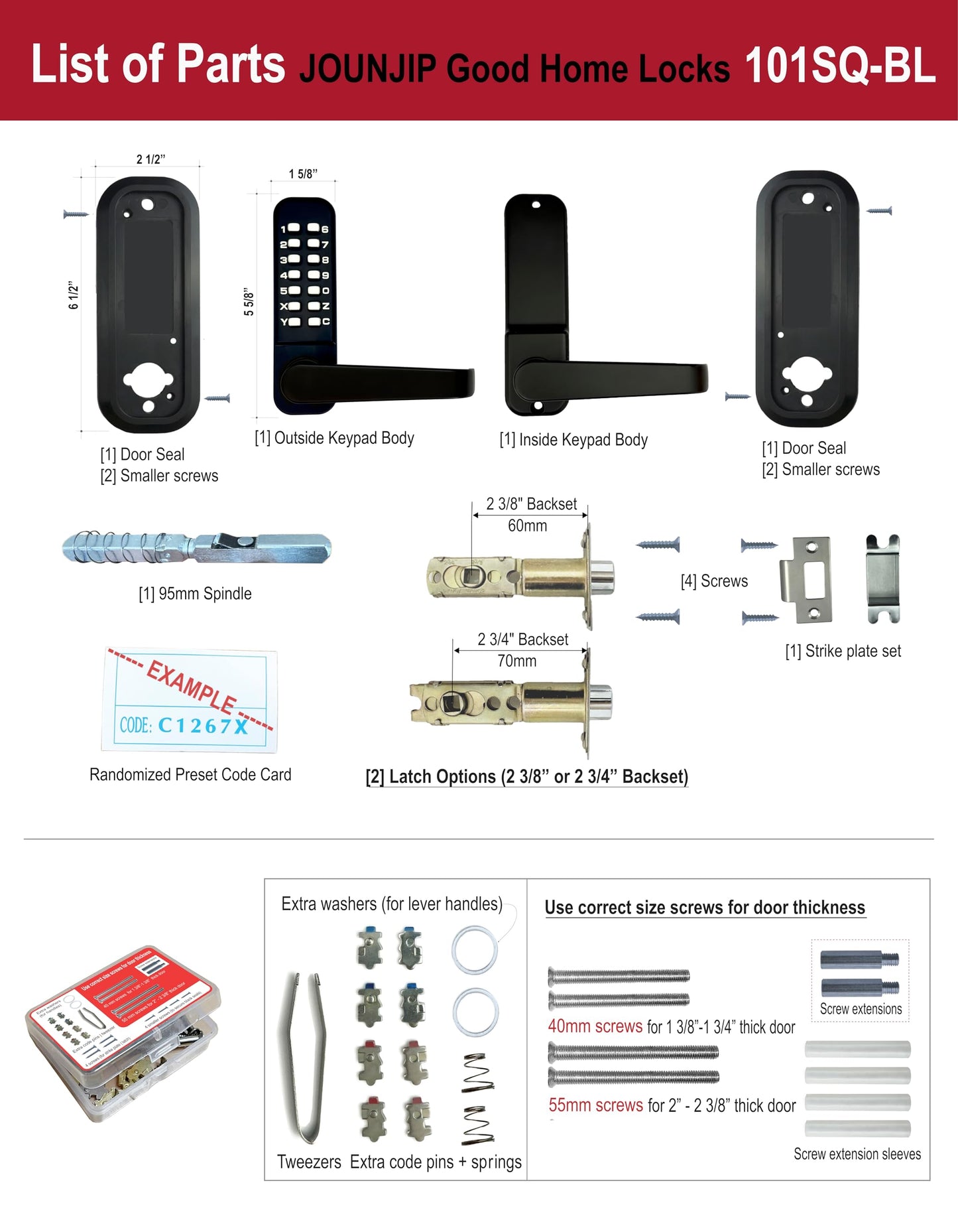 JOUNJIP Single-Sided Keyless Entry Door Lock - Bump Key Proof Mechanical Door Lock with Lever Handle - [Square Spindle] Easier Install - (Matte Black) - Outdoor Gate Lock with Keypad and Passage Mode