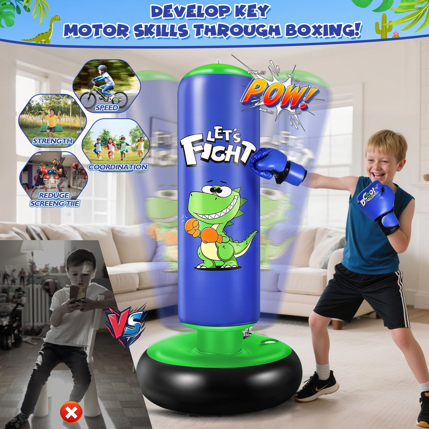 Inflatable Punching Bag, 48" Inflatable Boxing Bag for Kids with Boxing Gloves for 3-8 Kids, Stable Boxing Set for Practicing Karate, Taekwondo,Dinosaur Toy & Gifts for Boys (Blue)