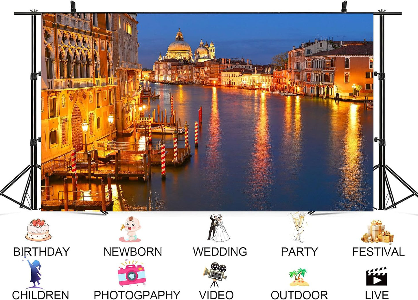 UPXIO 10x8ft Venice Grand Canal Night Backdrop Golden Lights Basilica Illumination Scenery Photo Background Tapestry