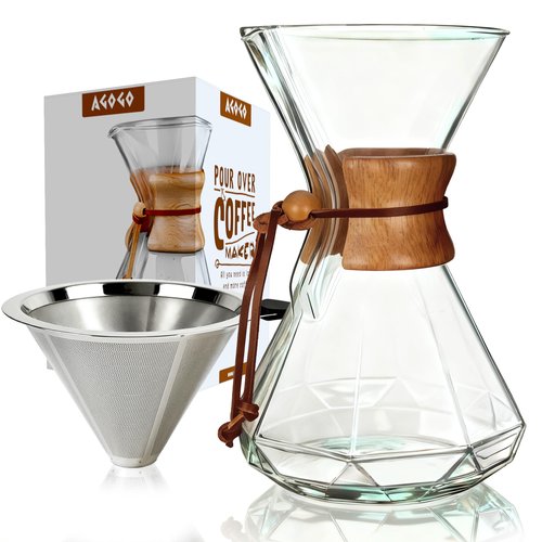 AGOGO Pour Over Coffee Maker Glass - Barista Kit with 304 Stainless Filter for Home, Office, Camping, Cafes - Easy Clean Coffee Dripper Set (Soft Towel&Brush) (34oz Diamond Design w/SS Filter)