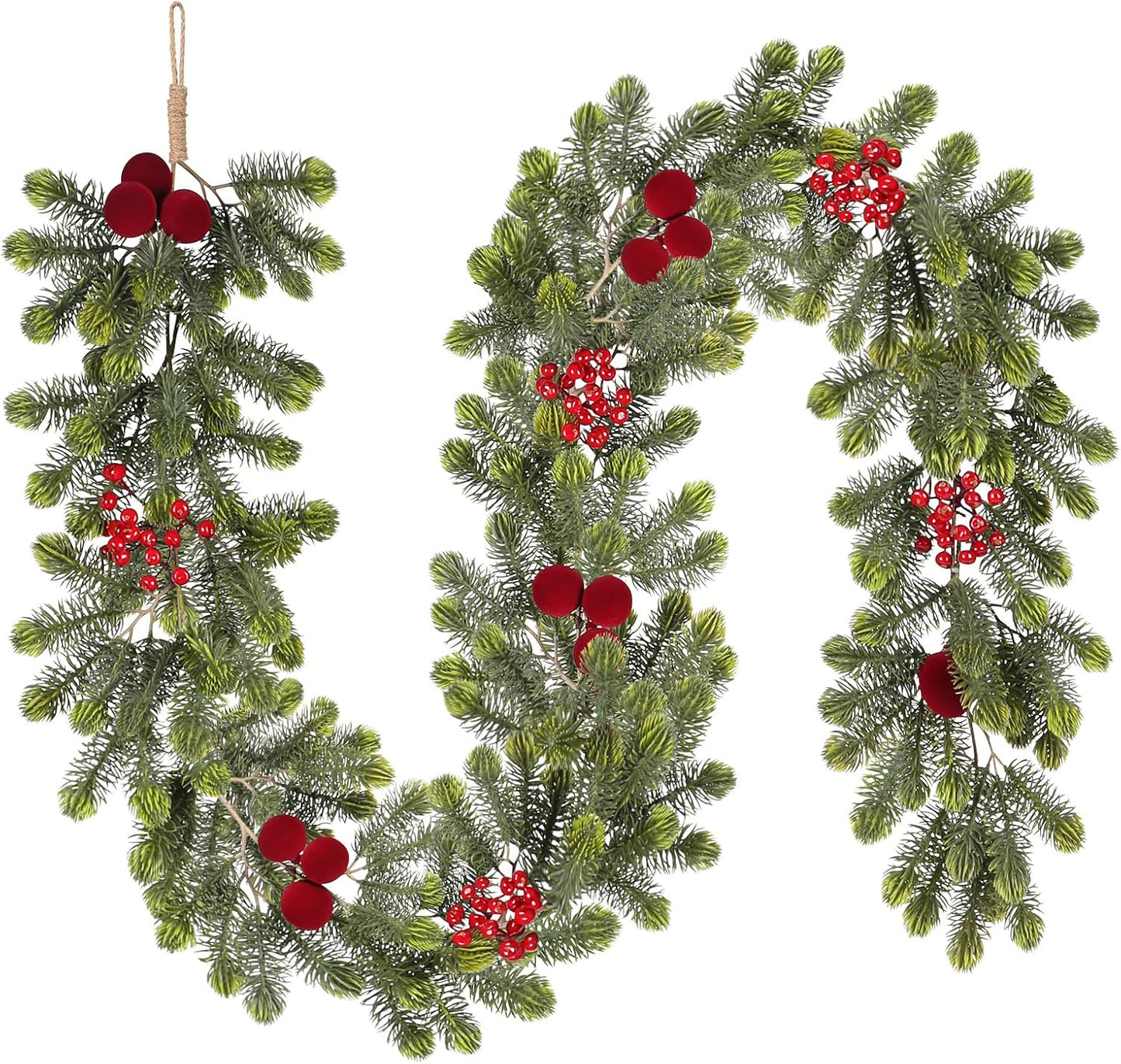 SY Super Bang 6FT Christmas Garland - Artificial Green Decor with Velvet Balls & Red Berries for Holiday Cheer