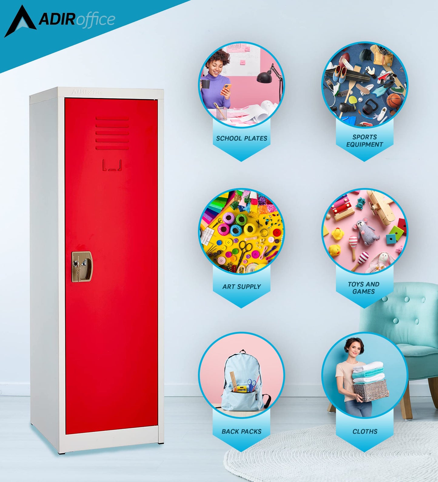 AdirOffice Kids Steel Metal Storage Locker - for Home & School - with Key & Hanging Rods (48 in 1 Door, Red)