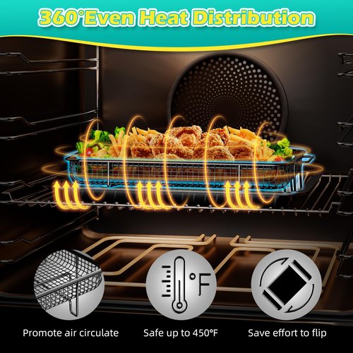Air Fryer Basket, OPENICE 2 Set Air Fryer Pan and Crisper Tray for Oven, Non-stick Oven Air Fryer Basket for Baking and Crispy Foods - Black