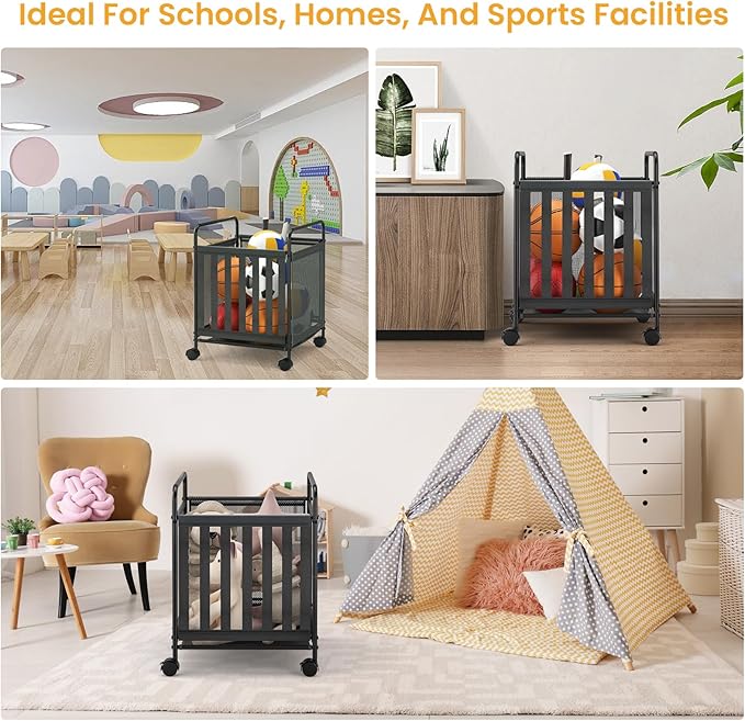 Ball Storage Bin Rolling Storage,Garage Sports Equipment Organizer,Outdoor Toy Box, Gym and Schools, Garage Organization,Can Store basketballs, Footballs and Sports Equipment.(Black)