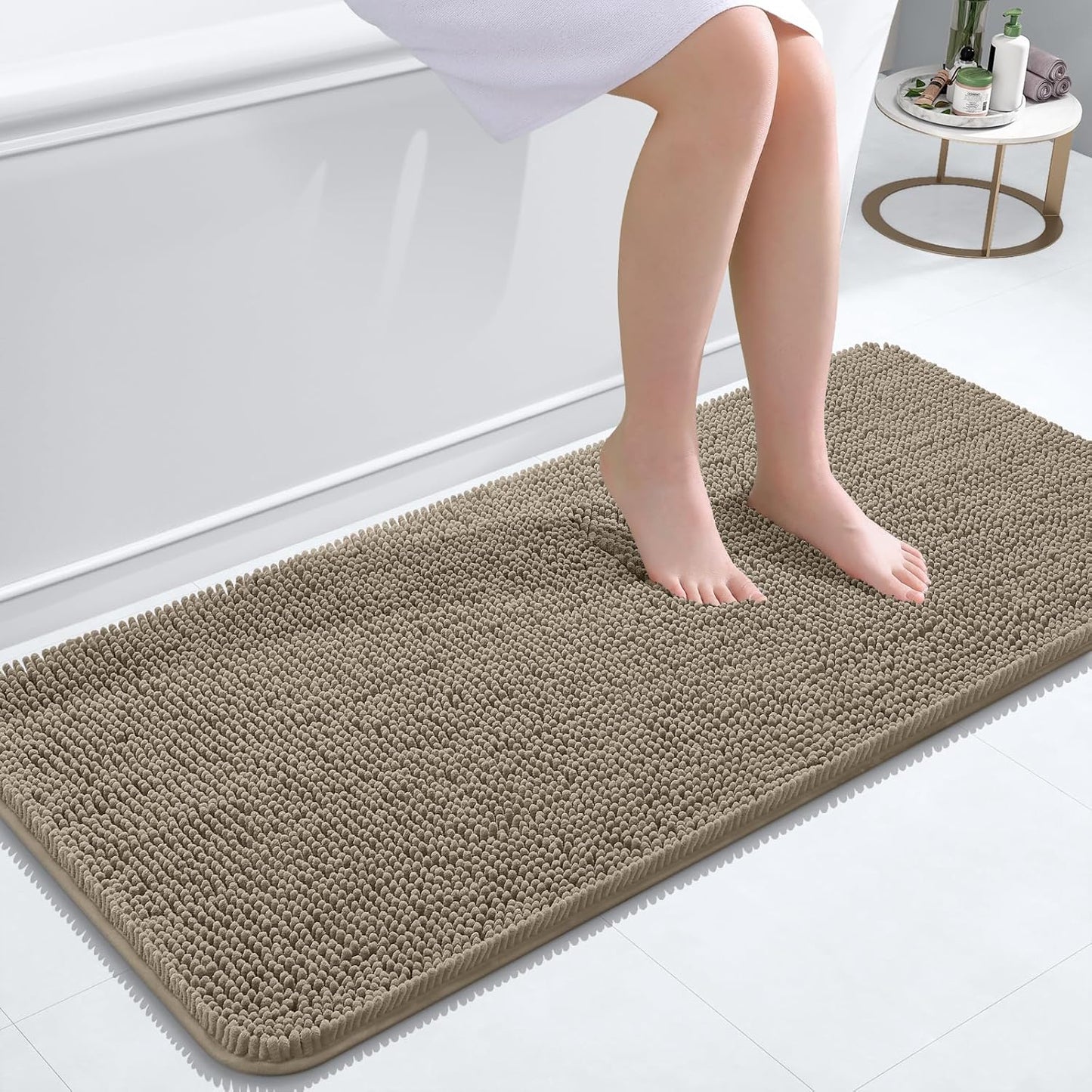 OLANLY Bathroom Runner Rugs - Soft Absorbent Chenille Bath Mats | Quick-Dry Rubber Backing, 47x20, Warm Taupe