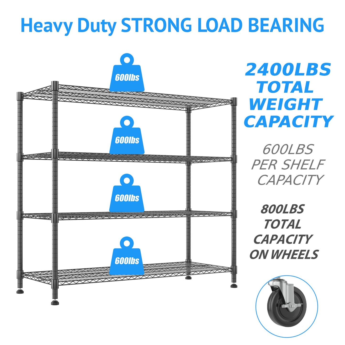Homdox Heavy Duty Metal Shelves for Storage, 4 Tier Storage Racks and Shelving, Commercial Adjustable Wire Shelving Unit on Wheels, Garage Rack Pantry Shelves Kitchen Shelving, 18"x48"x72", Black