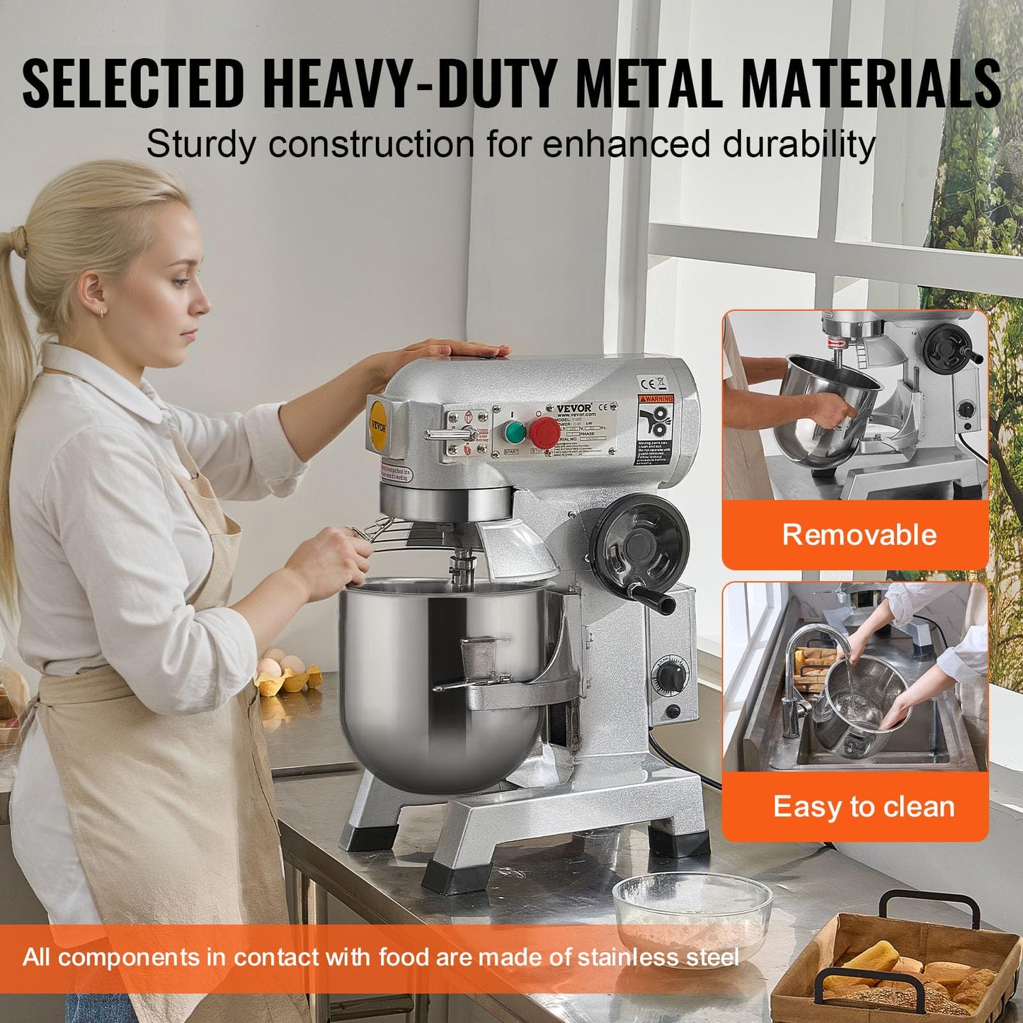 VEVOR Commercial Food Mixer, 15Qt Capacity with Timer, 500W Stainless Bowl Durable Electric Mixer for Commercial Use, 3 Speed Options 113/184/341 RPM, Includes Dough Hook & Whisk