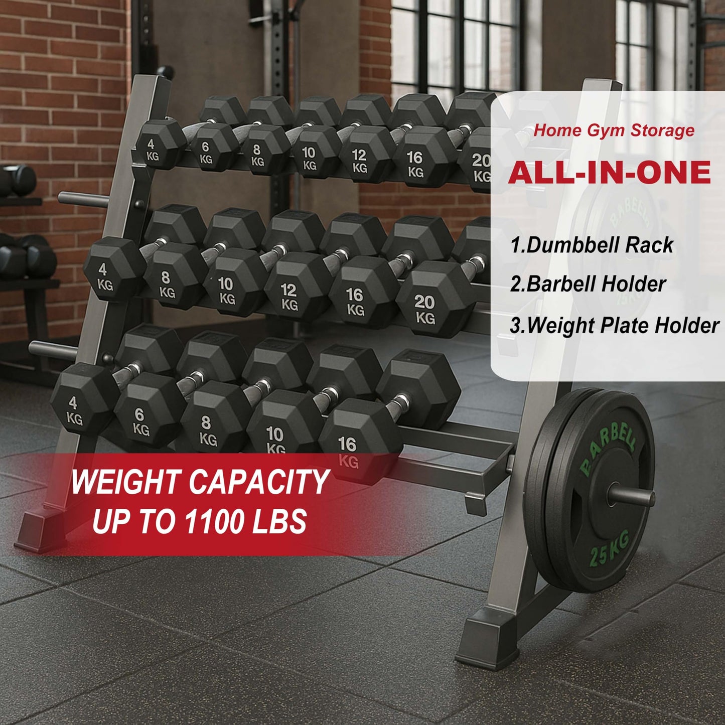 VIODEX 3 Tier Multifunctional Dumbbells Weights Barbells Rack, 1100 lbs Weight Capacity (Rack Only)