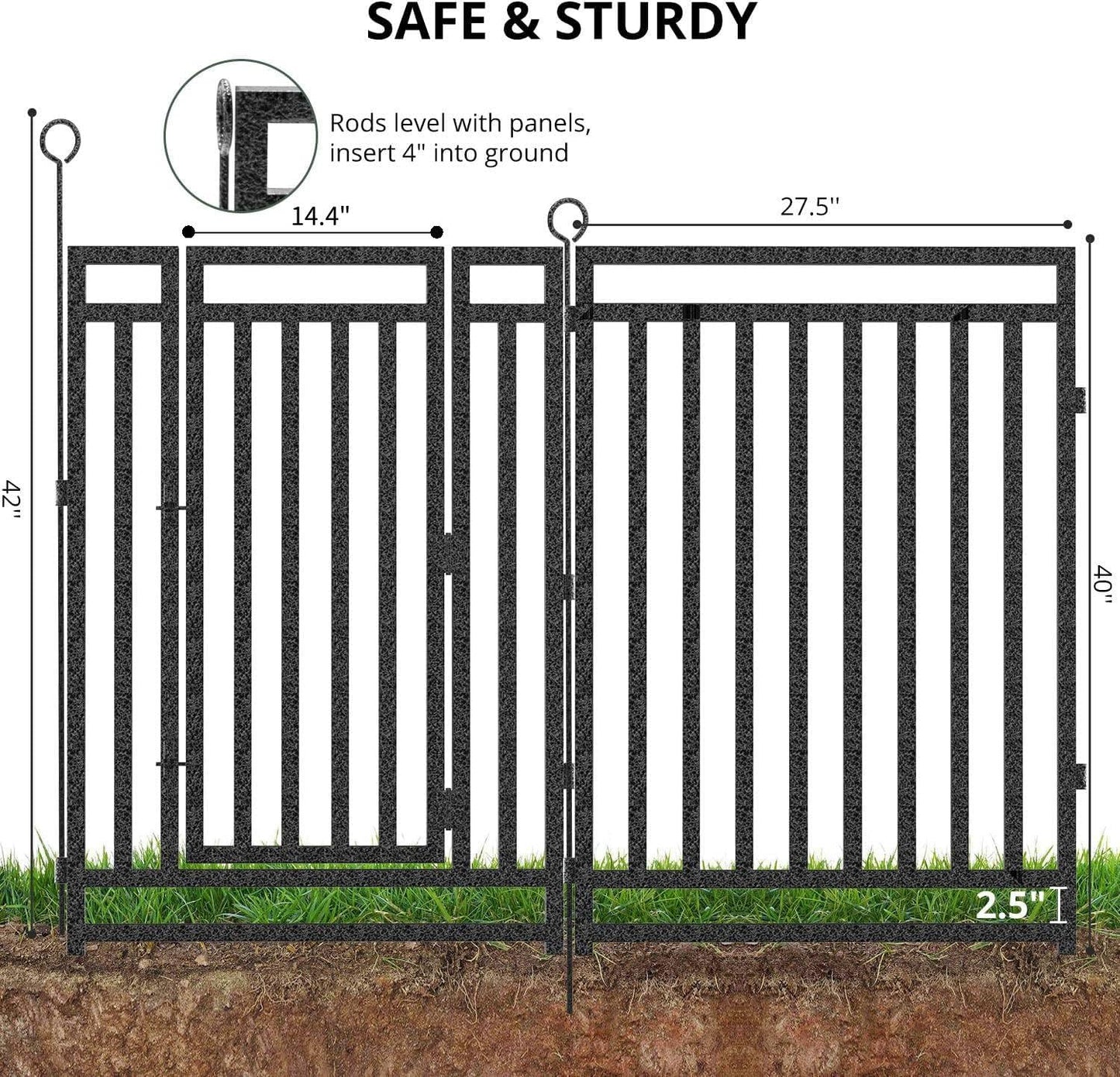 Decorative Garden Fence Metal Dog Fence Outdoor for Yard, 110ft (L) × 40in (H), 42 Panels + 6 Gates, Heavy Duty Animal Barrier Fencing for Patio & Flower Bed, No Dig, Black-Silver