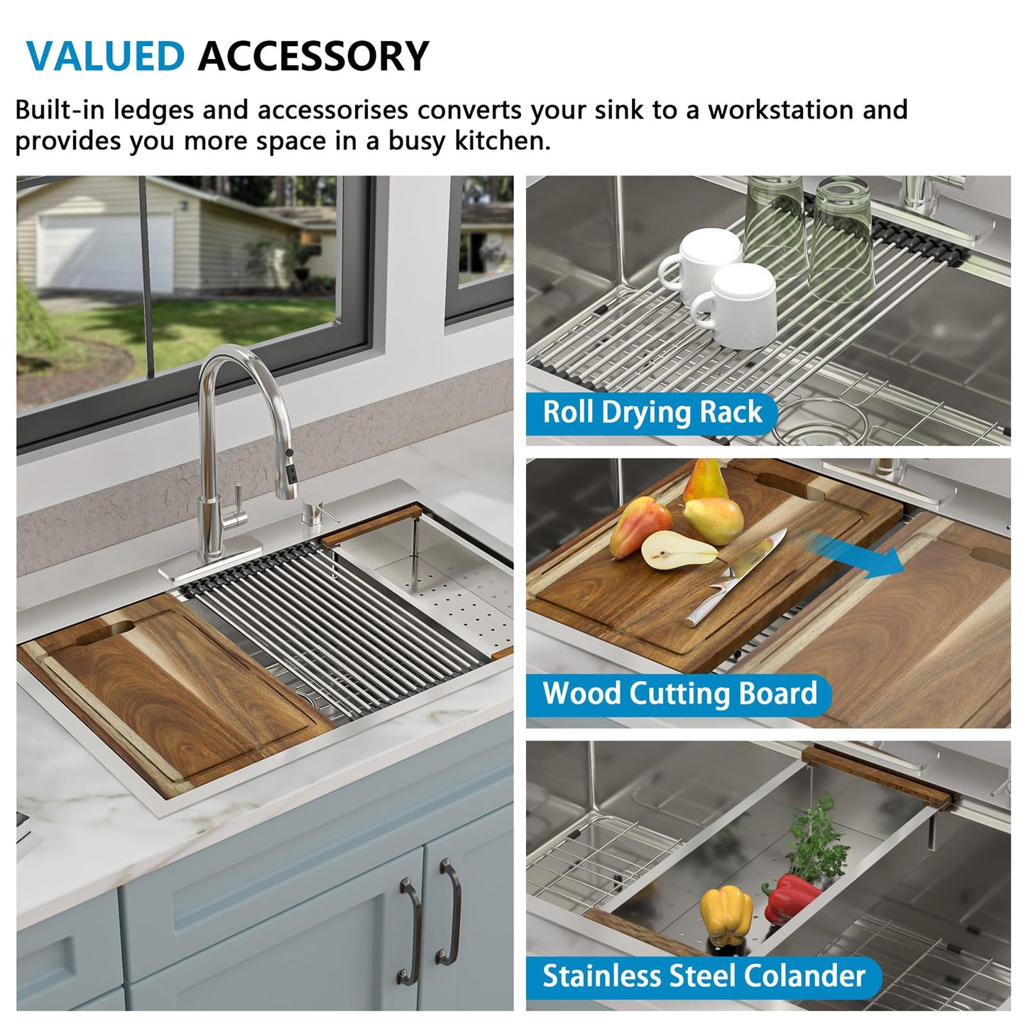 Fulorni 33"x22" Drop In Kitchen Sink Ledge Workstation – 16 Gauge 304 Stainless Steel Above Counter Deep Single Bowl Top Mount Sink Basin
