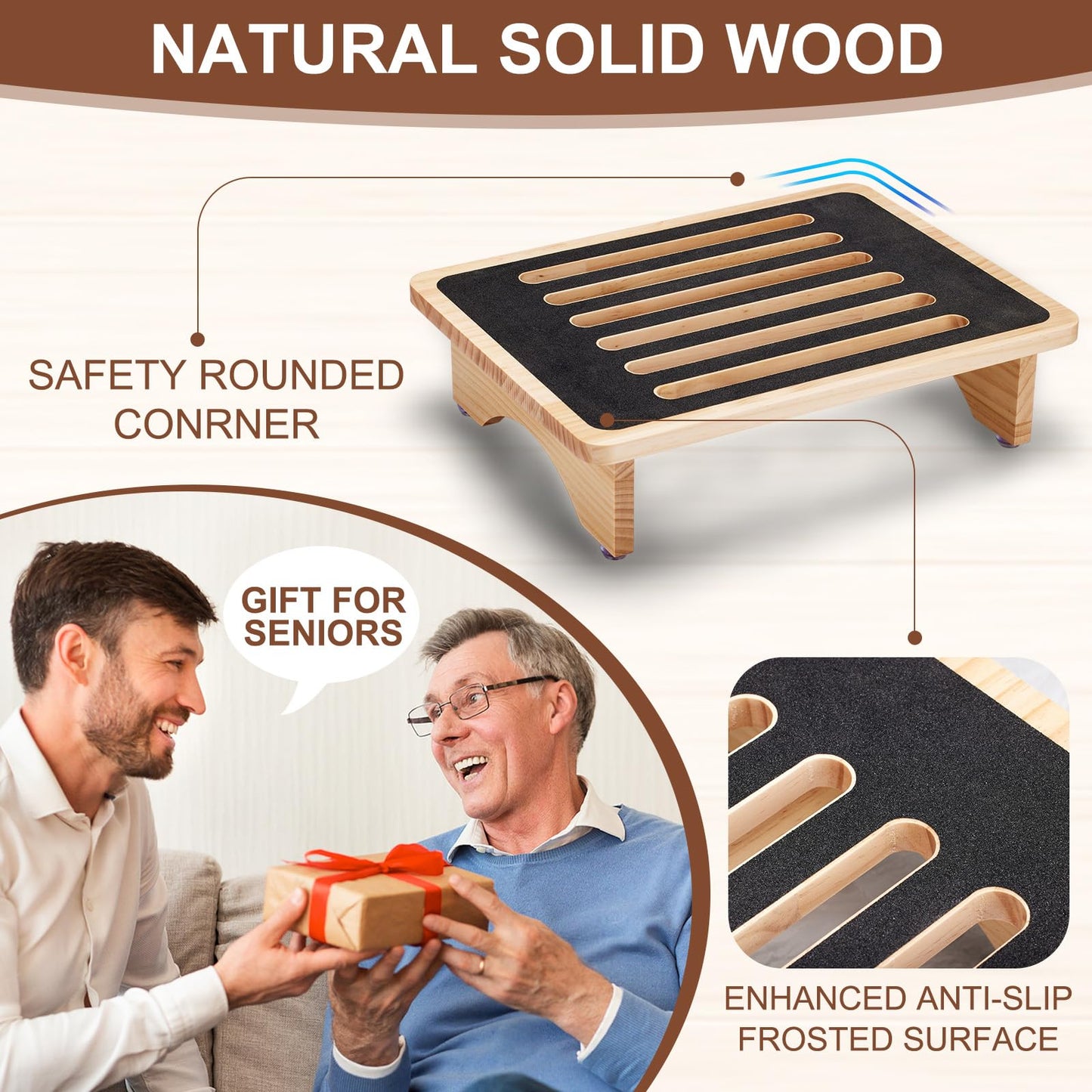 One Step Stool for Adults Seniors, Non-Slip Rubber Step Surface Heavy Duty Wooden Stepping Stool, Perfect Bed Steps for High Beds & Daily Use