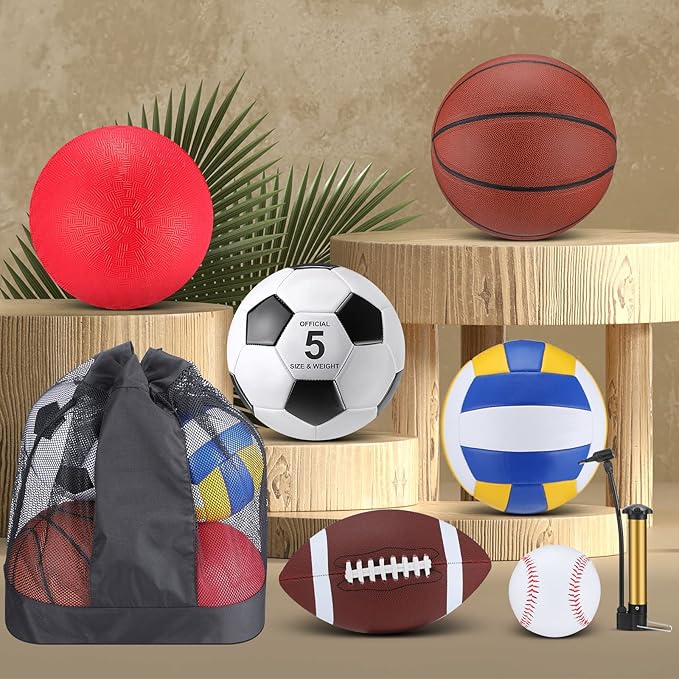 Leyndo 18 Pcs Sport Balls Bulk Set Basketball Football Volleyball Soccer Playground Baseball with Sport Equipment Bag Pump for Outdoor Indoor Practice Gift