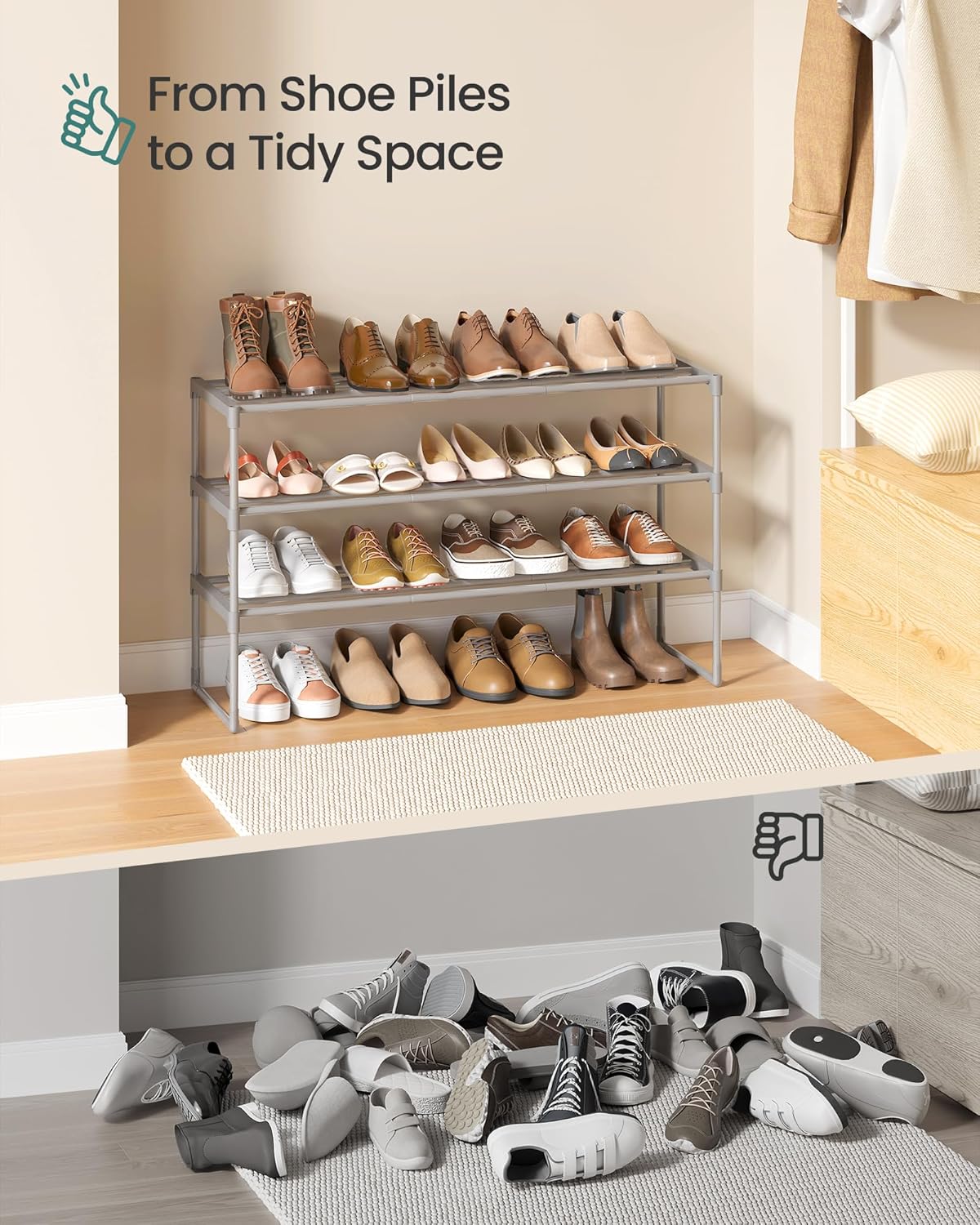 SONGMICS 3-Tier Shoe Rack - Stackable Metal Organizer for 16-20 Pairs | Gray, 11.8 x 36.2 x 21.7 Inches