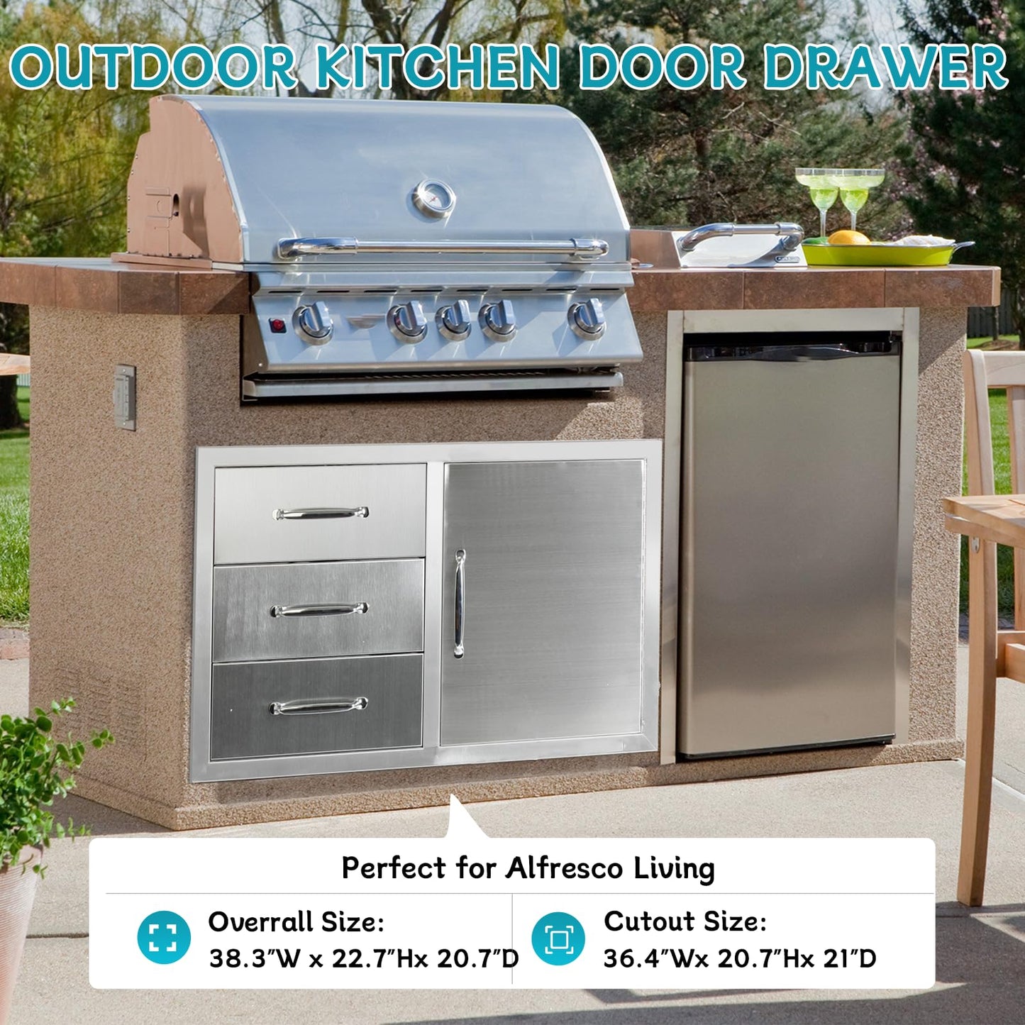 Outdoor Kitchen Door Drawer Combo Cabinet,38.1W x 22.6H x 20.8D Stainless Steel with Handles,Triple Drawers & BBQ Access Combo for Outdoor Kitchen Island (Drawer with Handle and Right Door Combo)