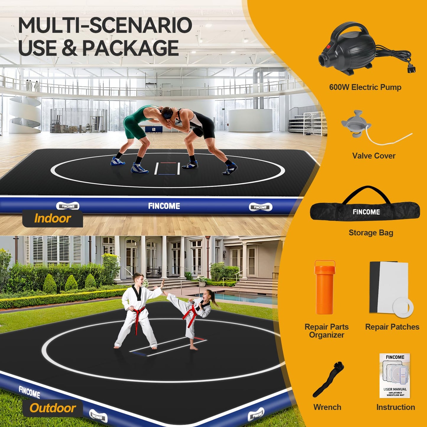 FINCOME Inflatable Wrestling Mat 16ft/13ft/10ft, 4" Thick Foldable Jiu Jitsu Mats Wrestling Mats for Home Outdoor Indoor, Waterproof PVC Mat for Gymnastics, BJJ, MMA, Grappling, Judo, Boxing, 10ft*10ft*4inch,Blue