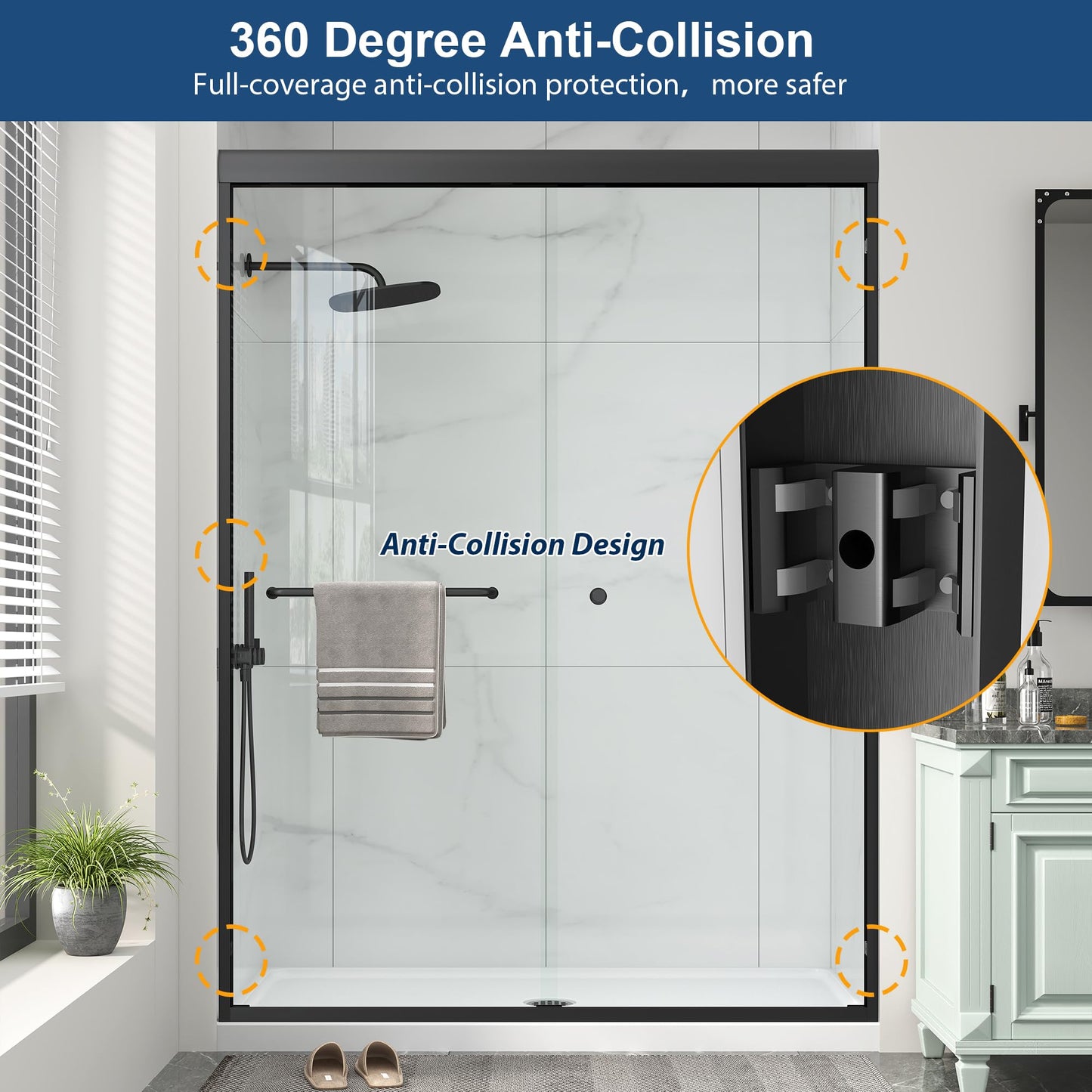 Double Sliding Shower Door 49-54" W x 72" H with Nano Anti-Explosion Safety Film, 1/4" (6mm) Tempered Glass Semi-Frameless Bypass Bathroom Shower Glass Doors,Matte Black