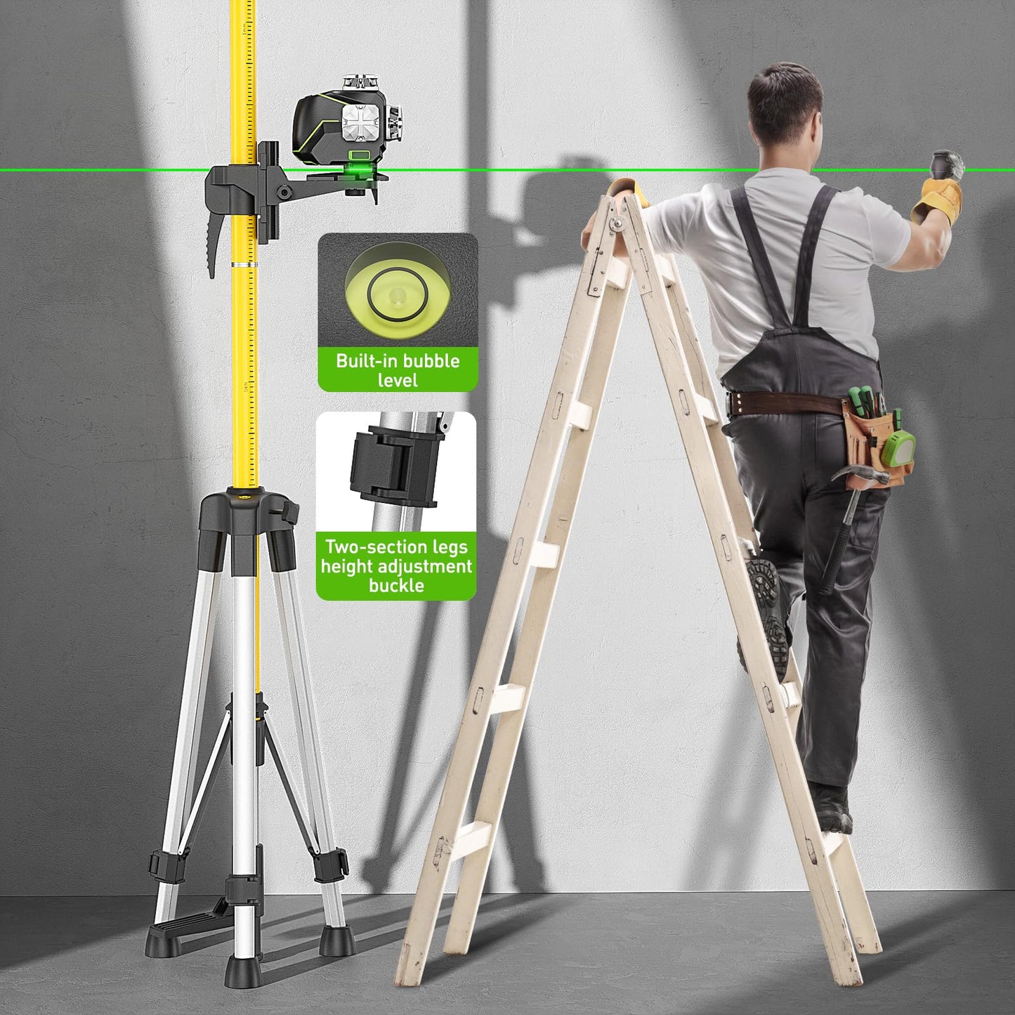 Huepar 12 Ft./3.7M Professional Laser Level Pole with Tripod and 1/4-Inch by 20-Inch Laser Mount for Rotary and Line Lasers, Adjustable Telescoping Laser Pole with 5/8"-11 Threaded Adapter-LP36A