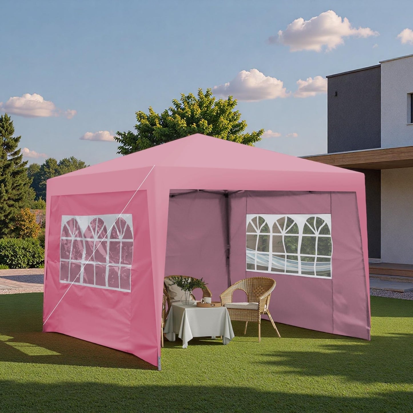 Trygoal 10x10FT Canopy Tent, Outdoor Gazebo Pop up Canopy with 4 Removable Sidewalls & 2 Windows, Patio Camping Shade Canopy with 4 PCS Weight Sand Bag & Carry Bag, Ideal for Parties Events, Pink