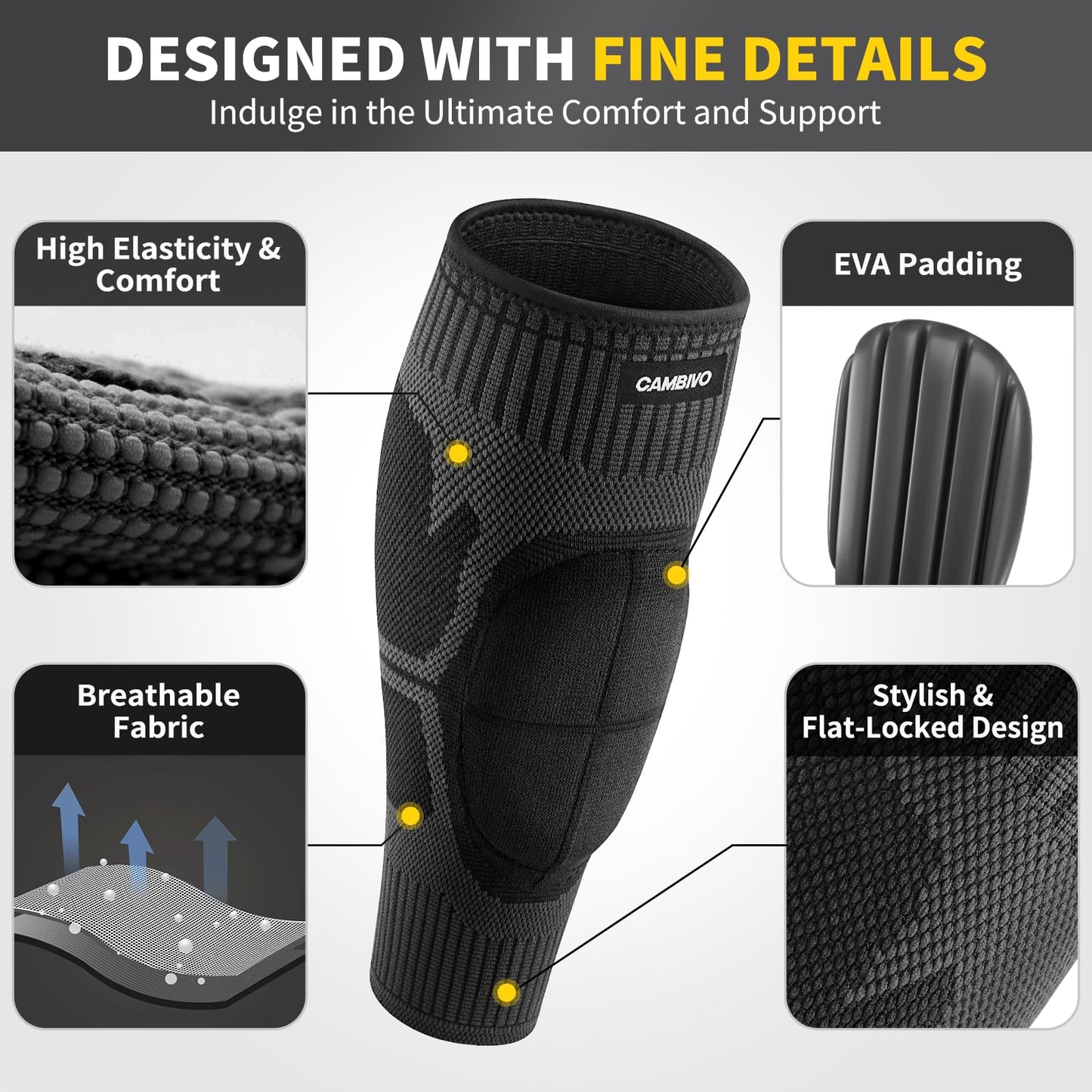 CAMBIVO Calf Compression Sleeves with EVA Pads for Shin Splints, Shin Guards for Men & Women, Leg Brace Support for Running (Pure Black, Medium)