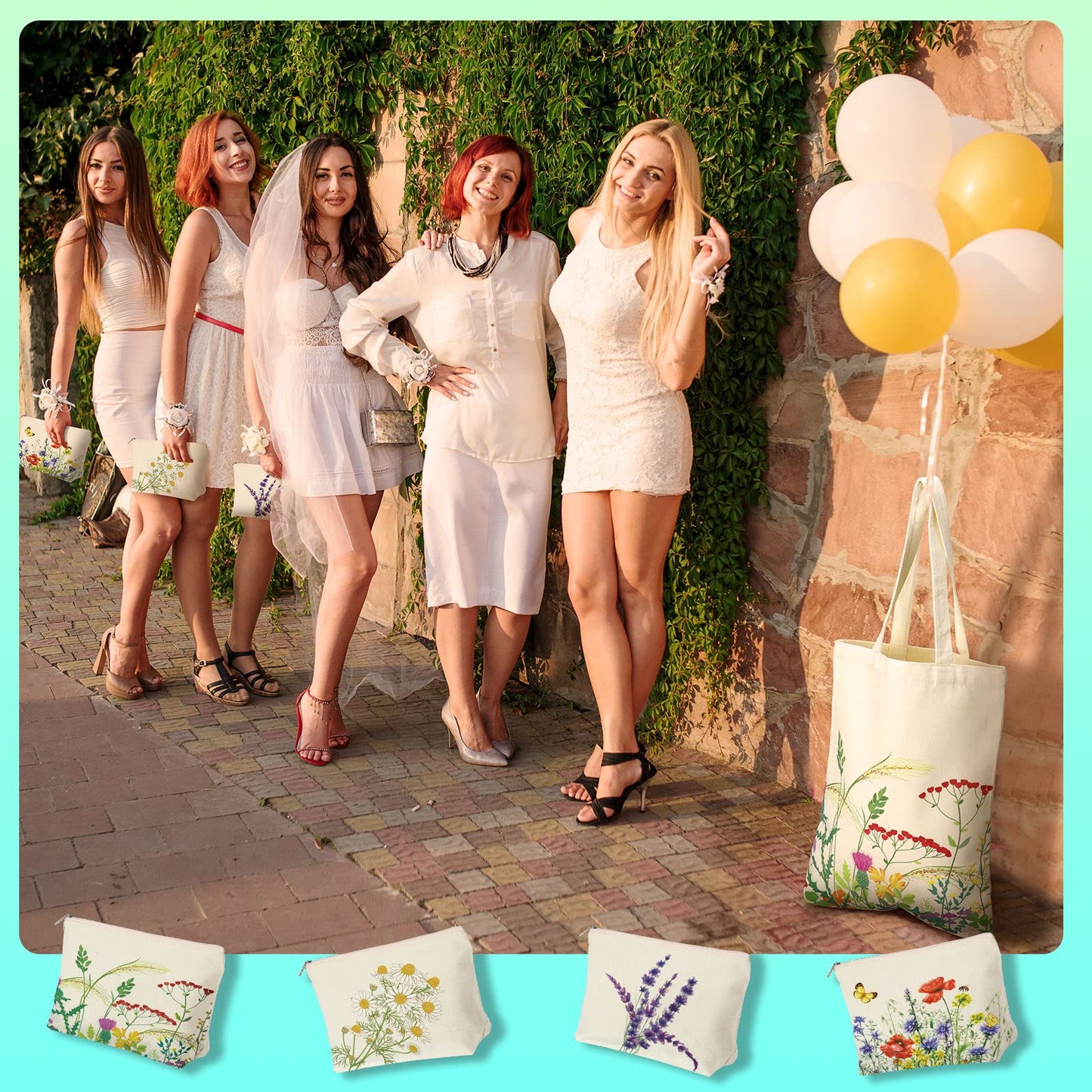 Pinkunn 8 Pcs Floral Tote Bag and Makeup Bag Set Reusable Wildflower Canvas Tote Women Gifts Bags for Graduation Birthday(Colorful)