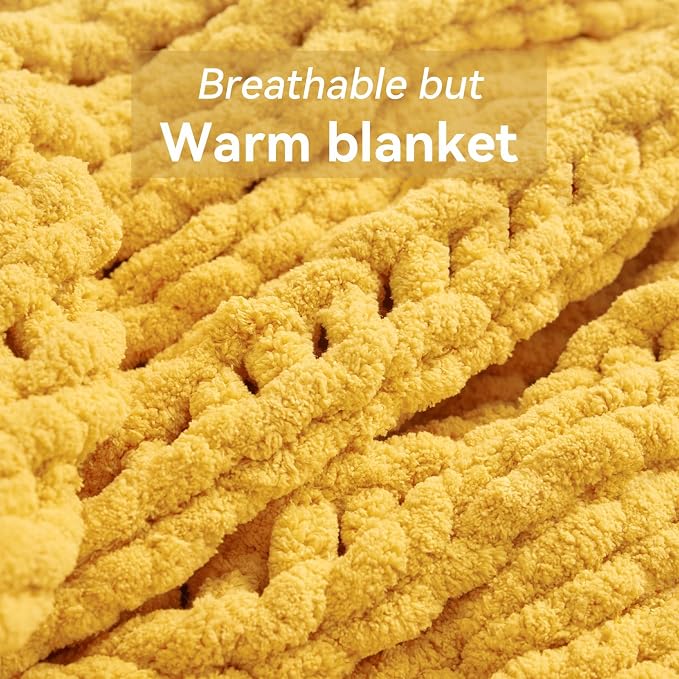 Negwoo Chunky Knit Throw Blanket, 60''*80'' Knitted Throw Chenille Yarn for Bed Couch, Handmade Yellow Crochet Big Thick Blanket, Machine Washable Cute Comfy Blanket for Home Decor