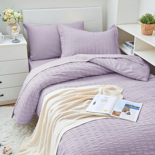 HYMOKEGE Twin XL Comforter Set - Luxury Seersucker 5-Piece Bedding Set in Lavender for All Seasons