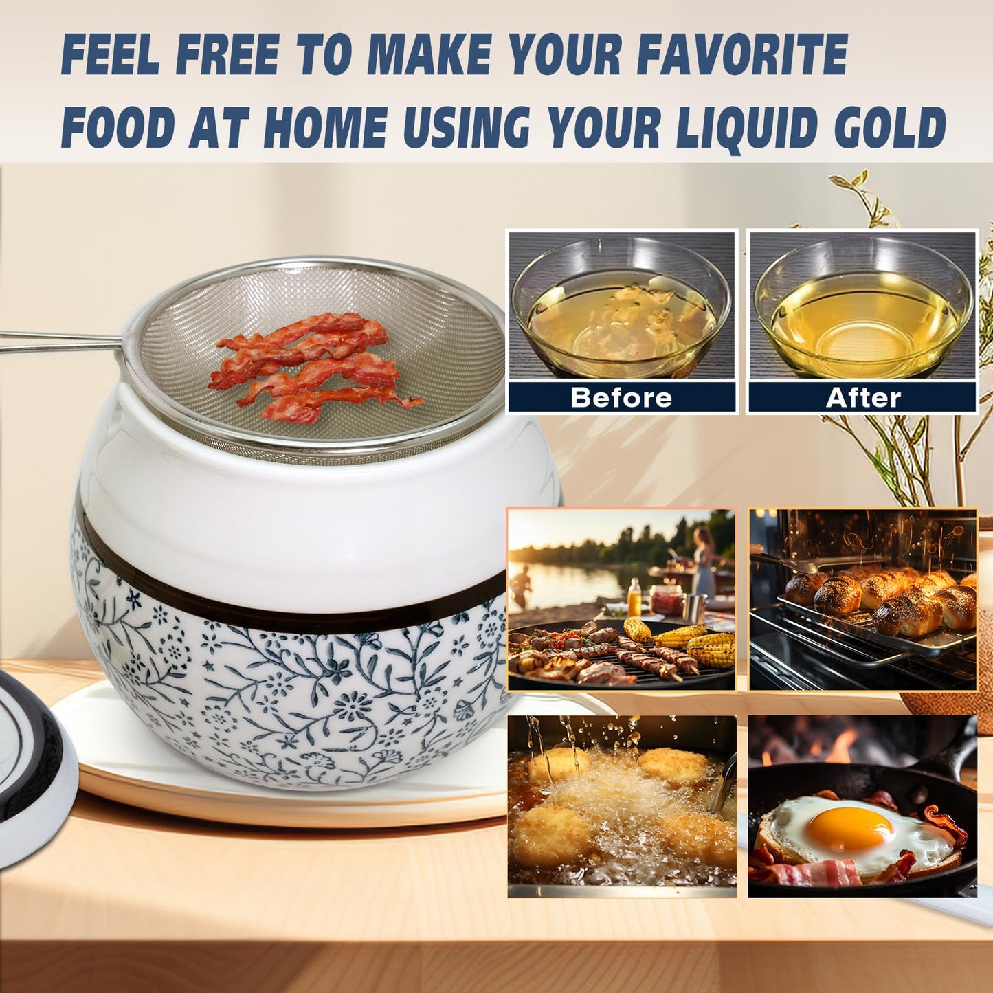 Caylielam Ceramic Bacon Grease Saver with Strainer, 23oz Kitchen Cooking Oil Disposal Container, Dust-proof Bacon Fat Storage Caddy, Elegant White Can and Blue Pattern, Spoon Included