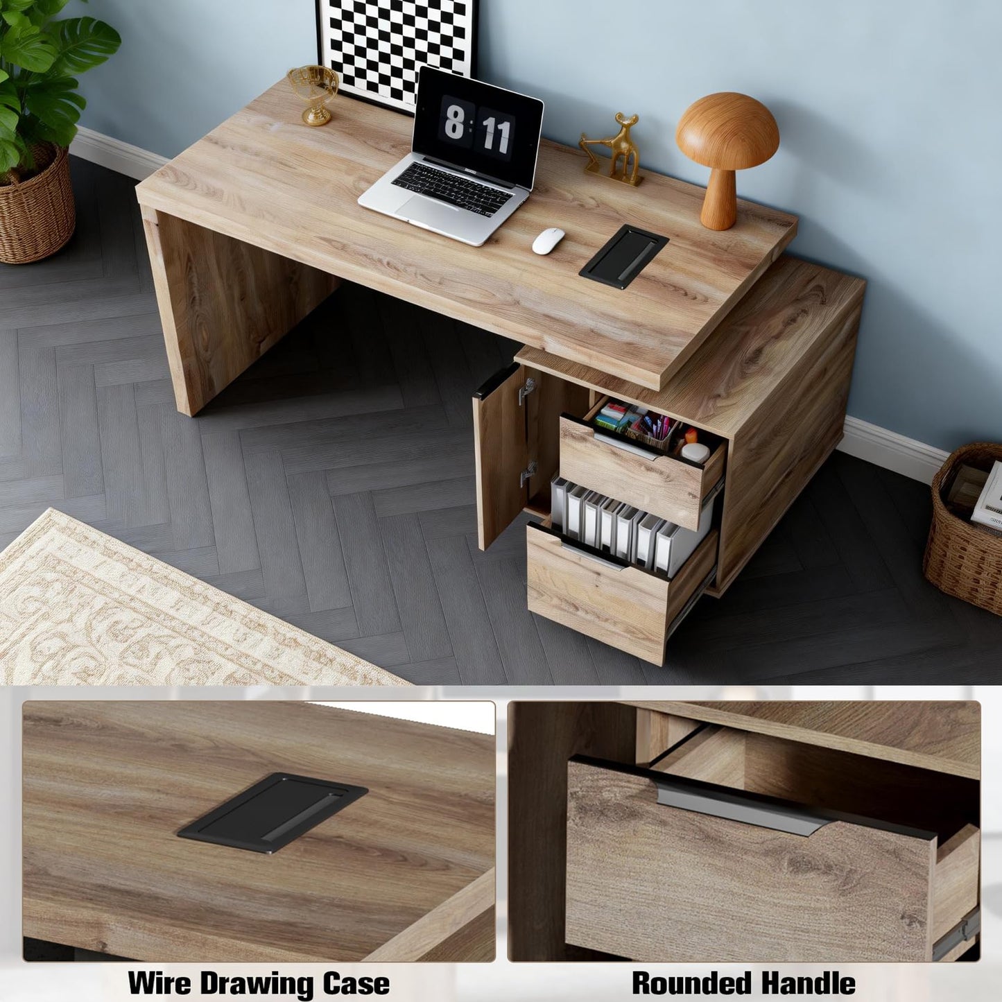 SAINTCY Modern Executive Desk with Storage Cabinet, Configurable Length 62.99" or 70.87", Large Office Desk with 2 Drawers, Home Office Desk with Reversible Cabinet &Cable Management (Mahogany, Left)