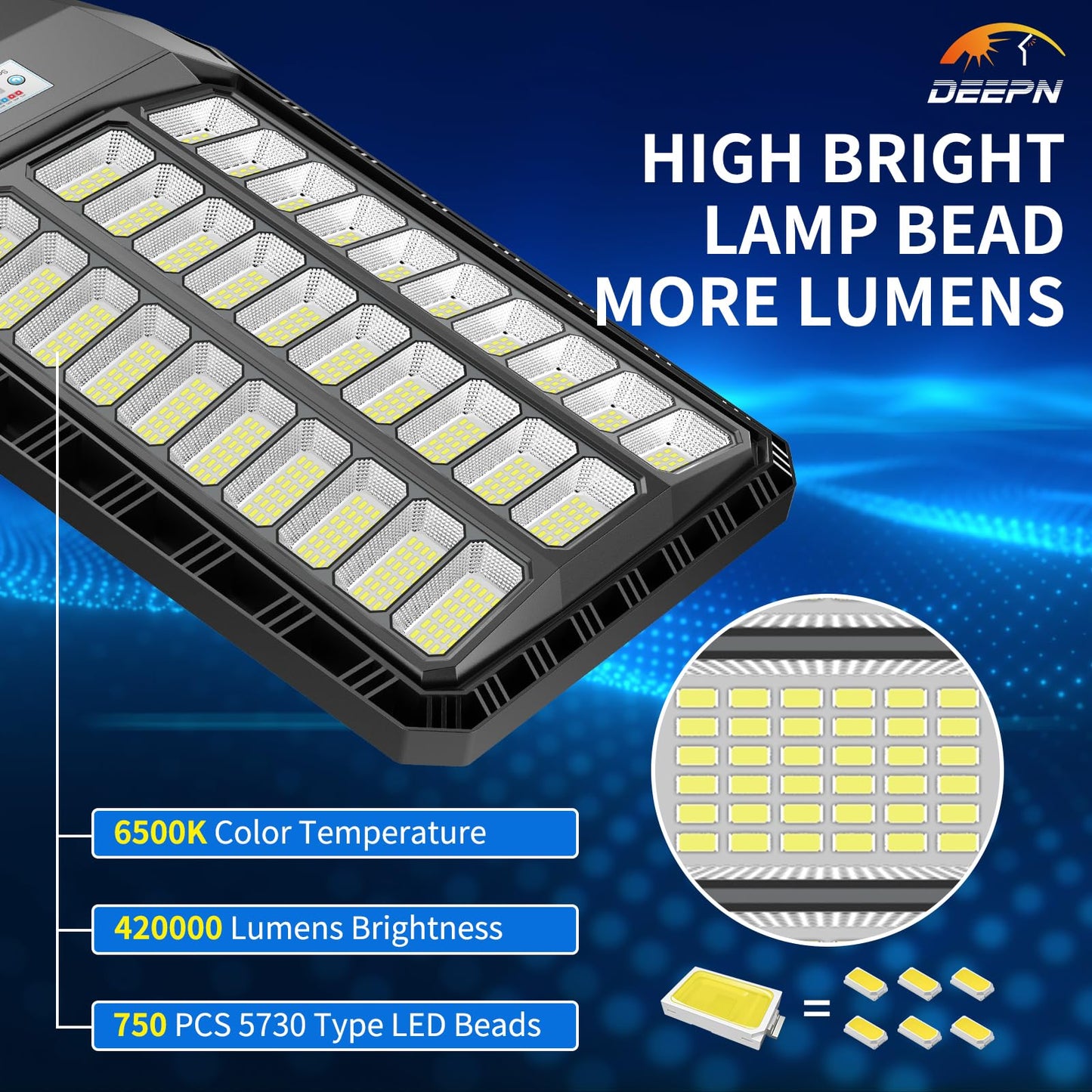 Deepn Solar Street Light, Commercial Grade Solar Lights Outdoor IP67 Waterproof, 9800W LED Flood Security Lights Motion Sensor & Dusk to Dawn Outdoor Lighting for Parking Lots, Streets & Yard, 2 Pack