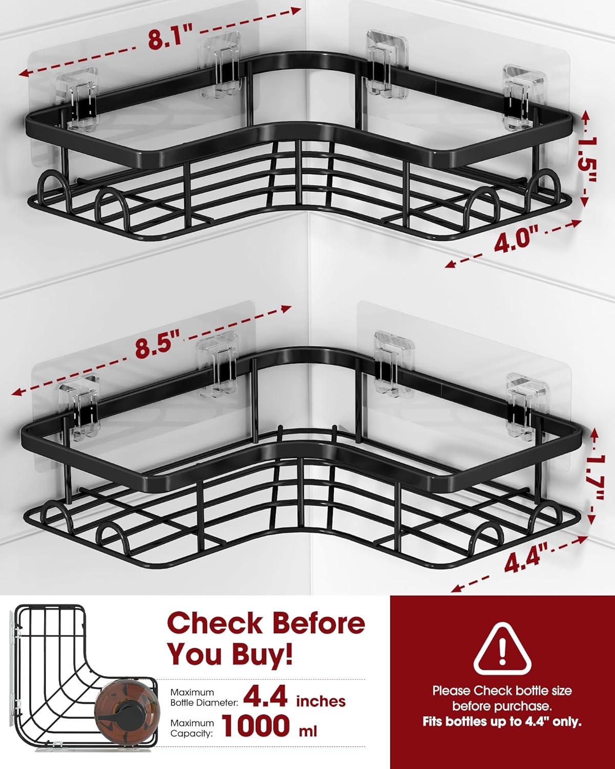 Sakugi Corner Shower Caddy - Rustproof Stainless Steel Organizers with 8 Hooks | No-Drill, Space-Saving, Black, 2 Pack