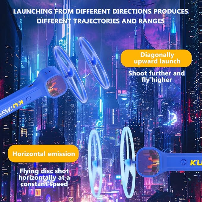 Yuzee Electric Flying Disc Launcher Toy - Outdoor Games Light Up Frisbee, with Light and 6 Flying Spinner, Rechargeable Transmitter Stick, Sports and Outdoor Summer Flying Toys for Kids and Adults (A)