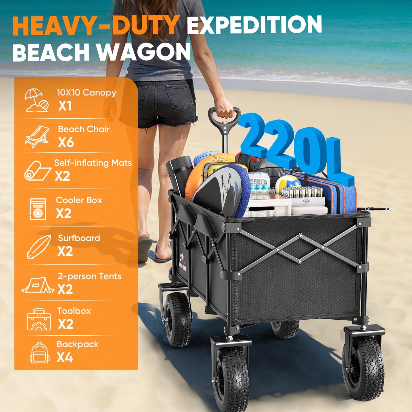 Beach Wagon with 10x3.5 Big Rubber Wheels for Sand, 400lbs Heavy Duty 220L Collapsible Utility Wagon, Easy Transport & Storage, Ideal for Sport, Camping, All-Terrain Outdoor Activities, Black